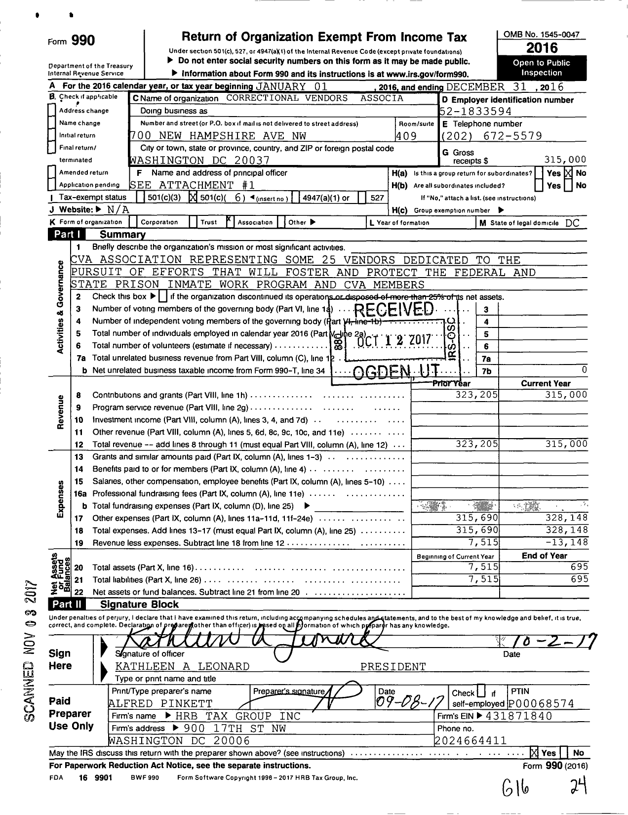 Image of first page of 2016 Form 990O for Correctional Vendors Association