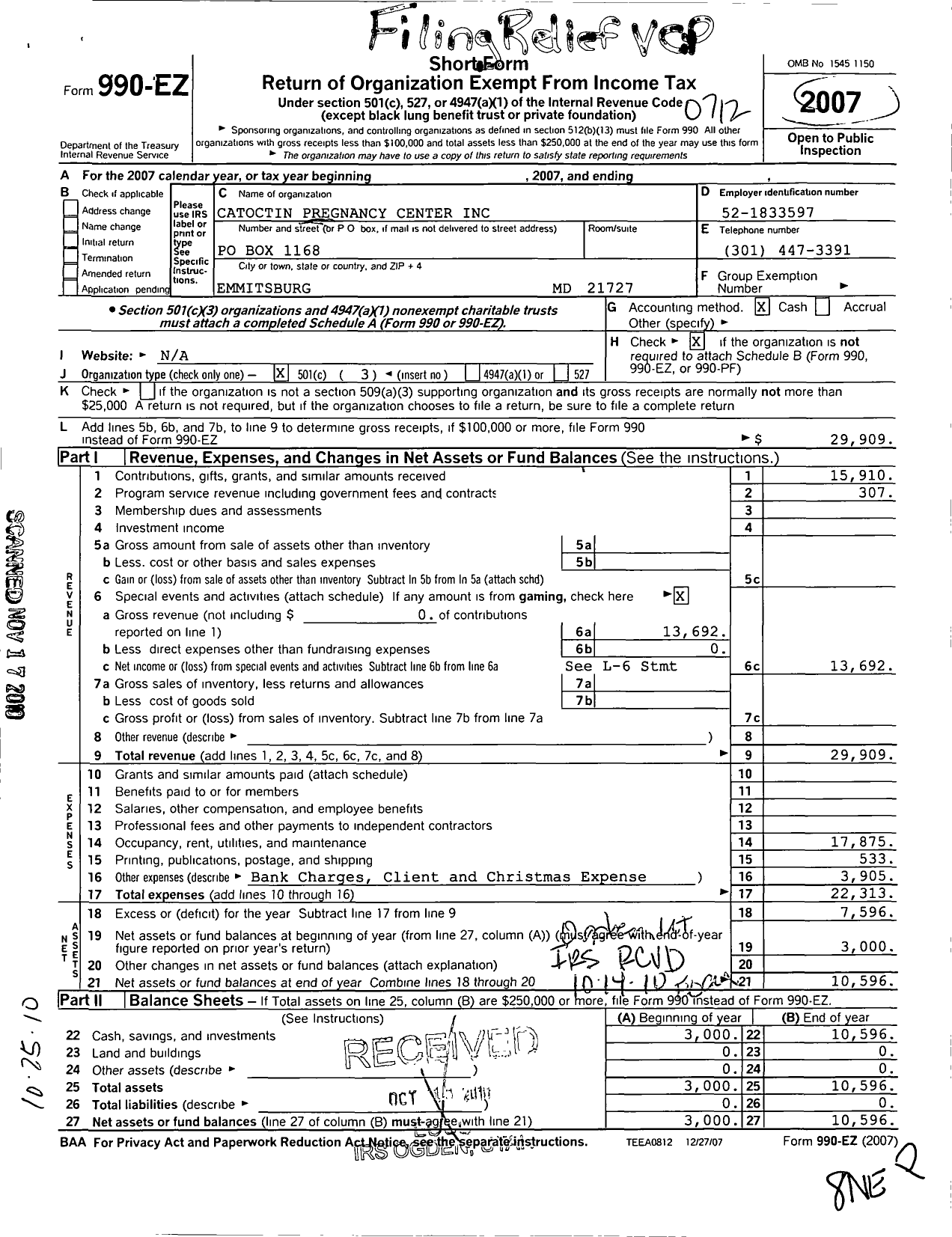 Image of first page of 2007 Form 990EZ for Catoctin Pregnancy Center