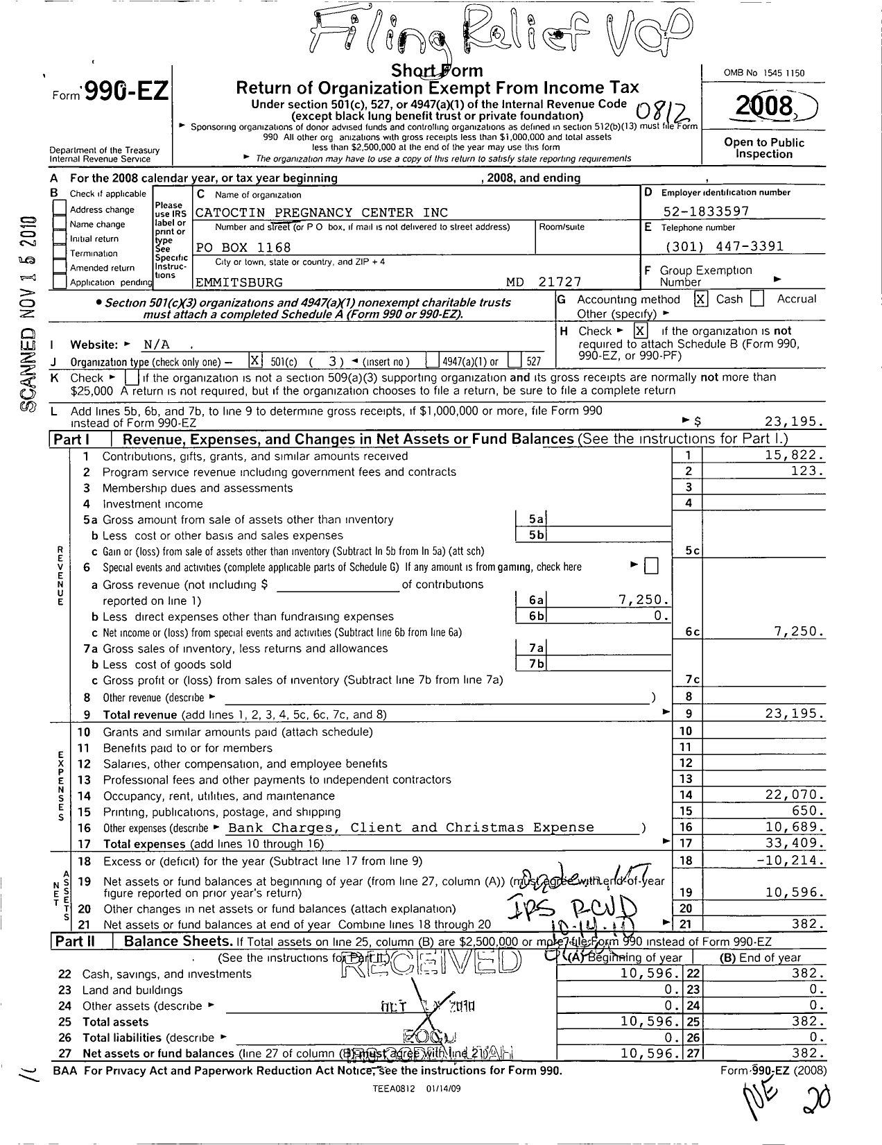 Image of first page of 2008 Form 990EZ for Catoctin Pregnancy Center