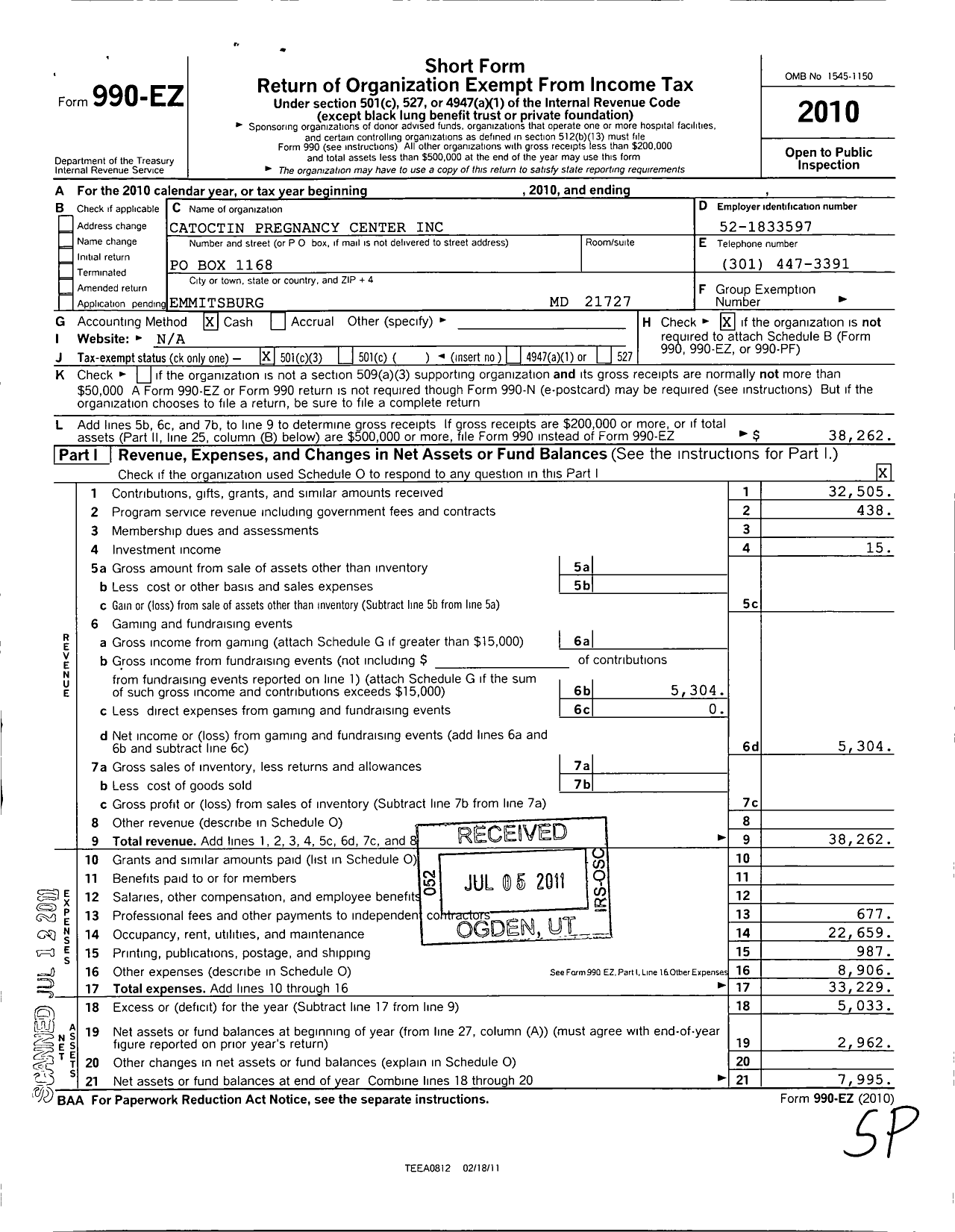 Image of first page of 2010 Form 990EZ for Catoctin Pregnancy Center