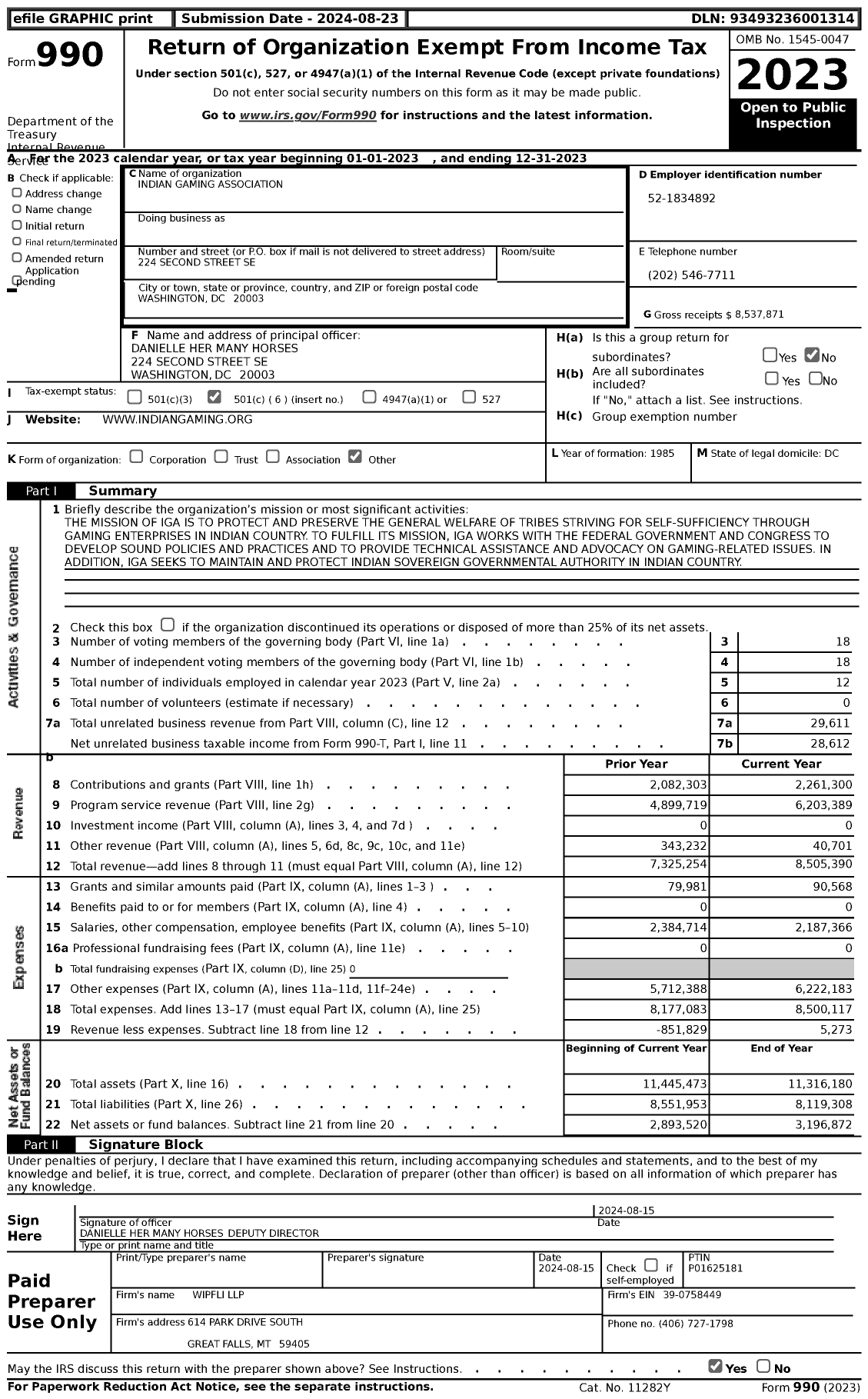 Image of first page of 2023 Form 990 for Indian Gaming Association (NIGA)