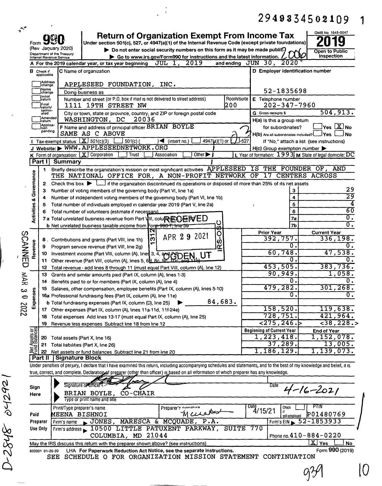 Image of first page of 2019 Form 990 for Appleseed Foundation