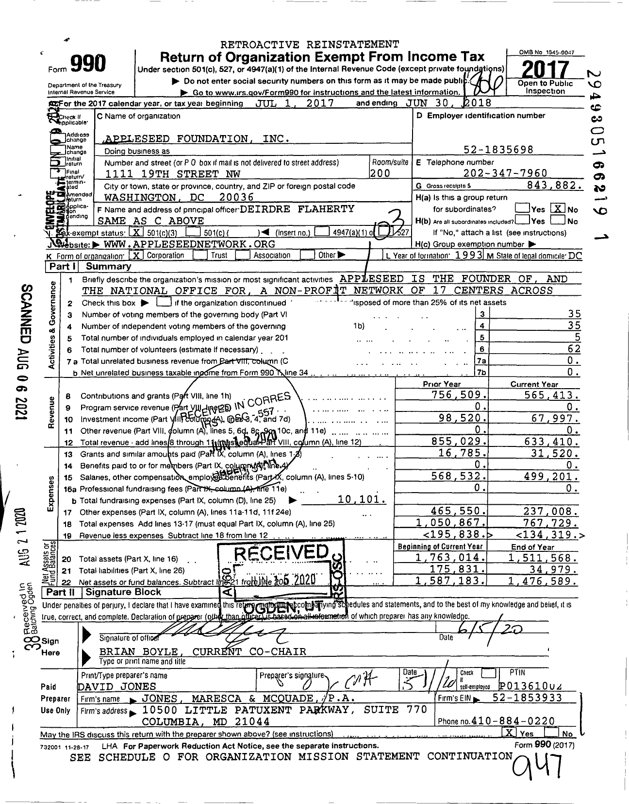 Image of first page of 2017 Form 990 for Appleseed Foundation