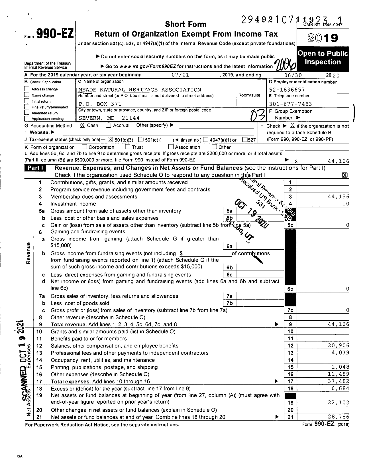 Image of first page of 2019 Form 990EZ for Meade Natural Heritage Association