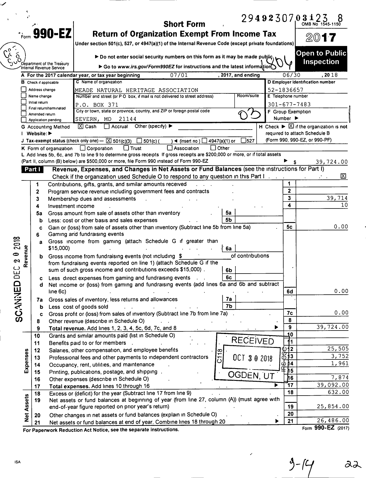 Image of first page of 2017 Form 990EZ for Meade Natural Heritage Association