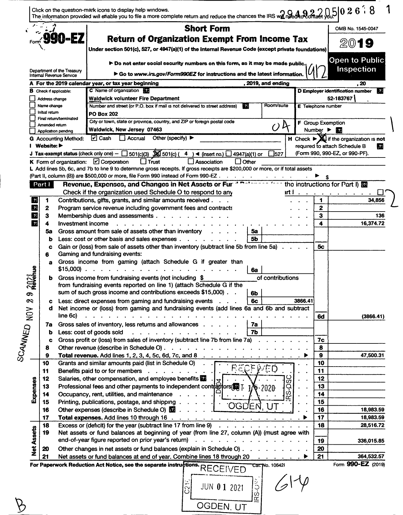 Image of first page of 2019 Form 990EO for Waldwick Volunteer Fire Department