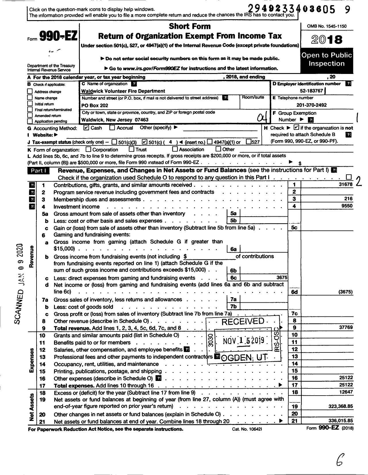 Image of first page of 2018 Form 990EO for Waldwick Volunteer Fire Department