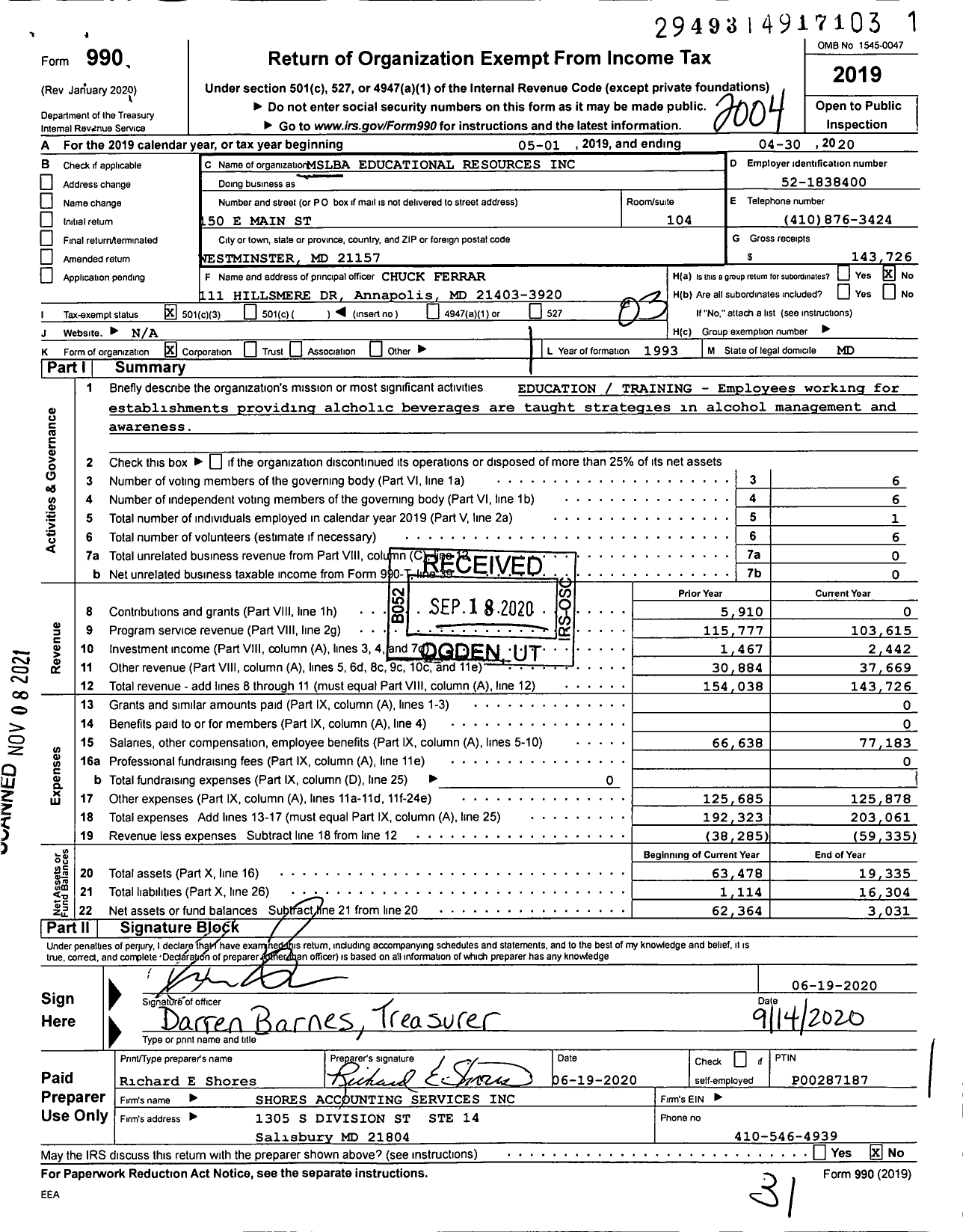 Image of first page of 2019 Form 990 for Mslba Educational Resources