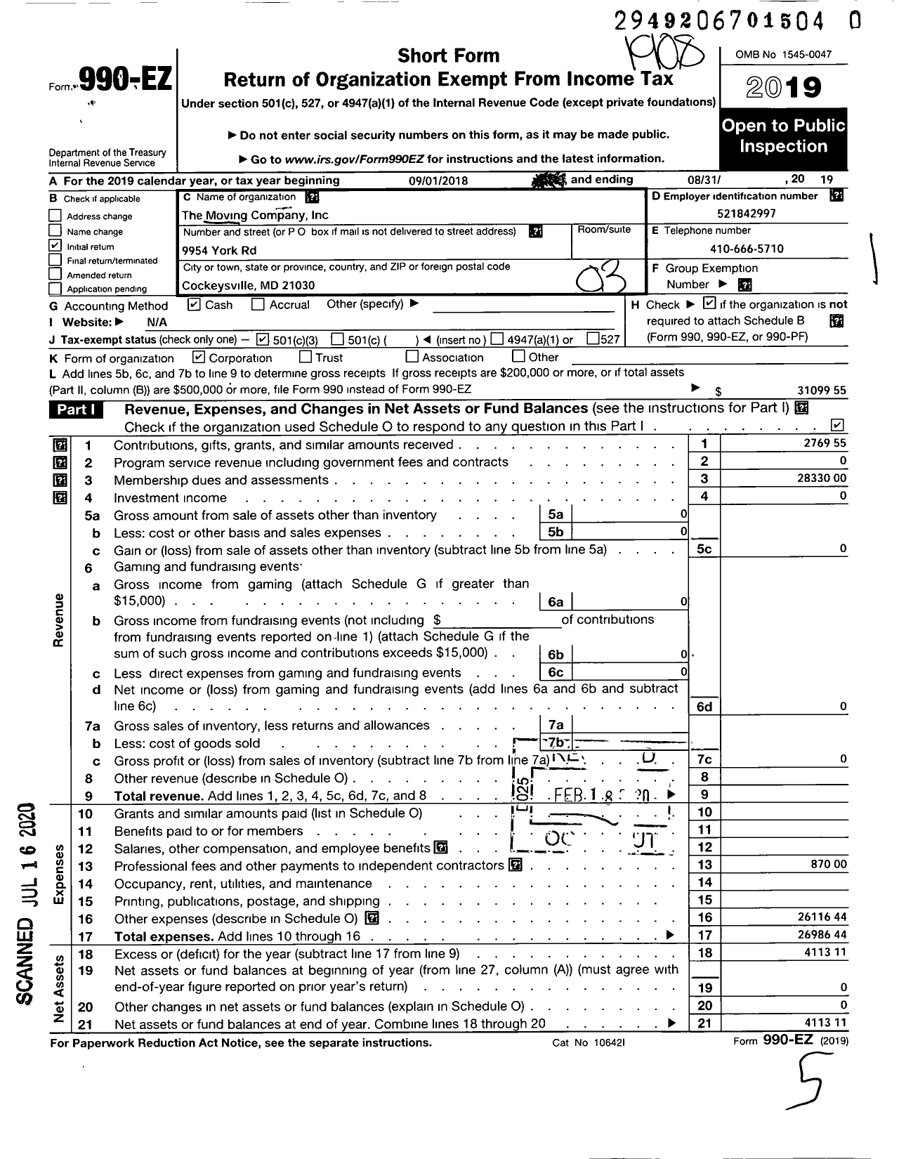Image of first page of 2018 Form 990EZ for The Moving Company