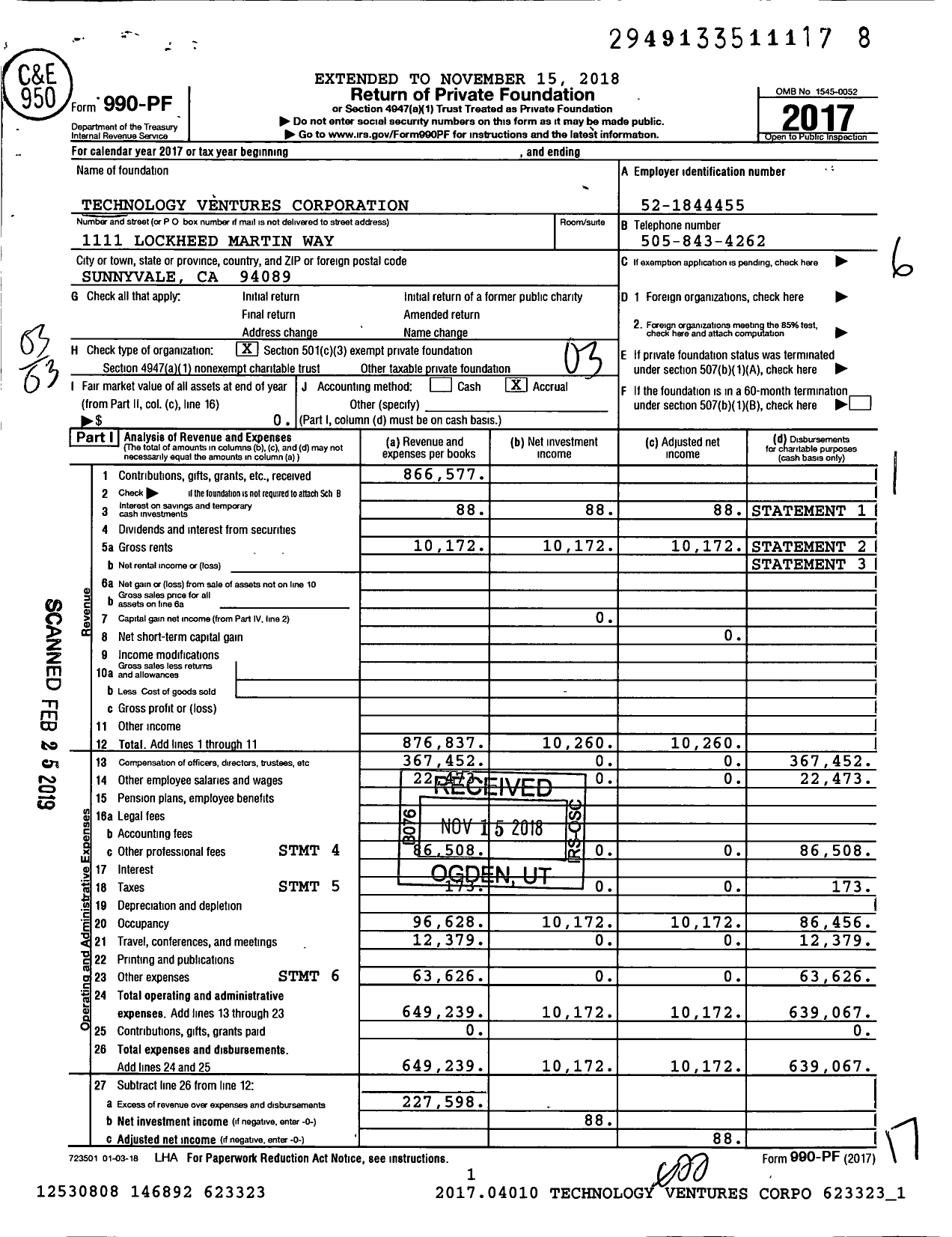 Image of first page of 2017 Form 990PF for Technology Ventures Corporation