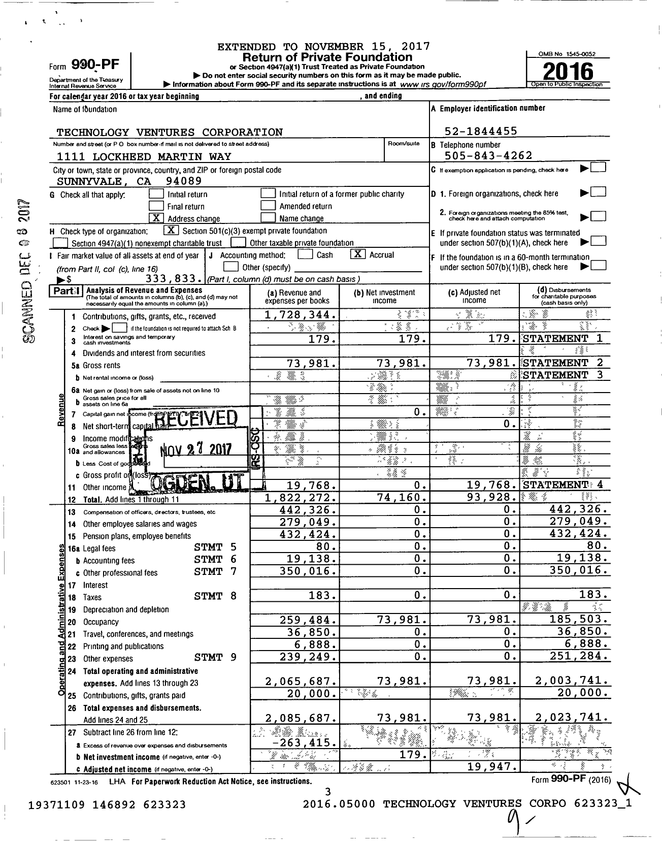 Image of first page of 2016 Form 990PF for Technology Ventures Corporation