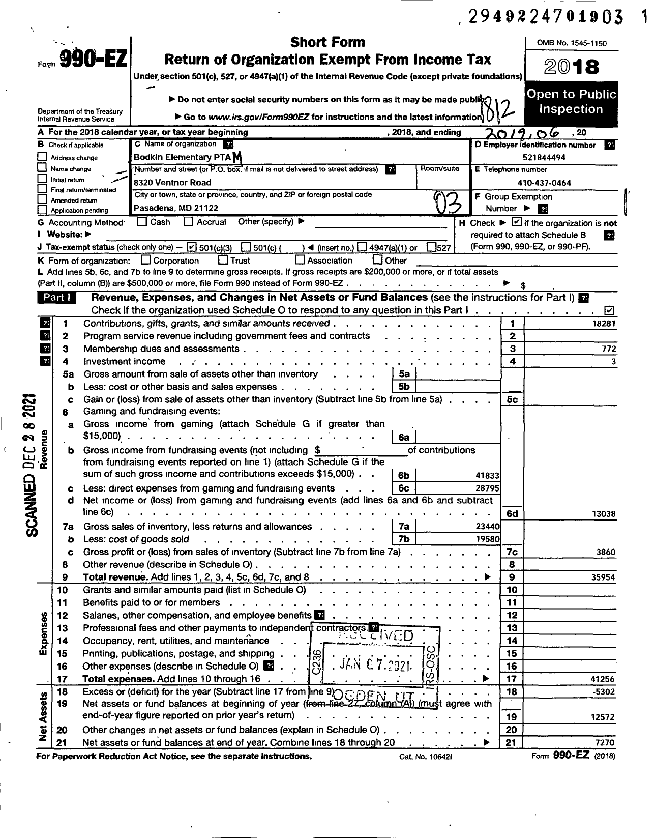 Image of first page of 2018 Form 990EZ for PTA Maryland Congress of Parent and Teachers / Bodkin Elementary PTA