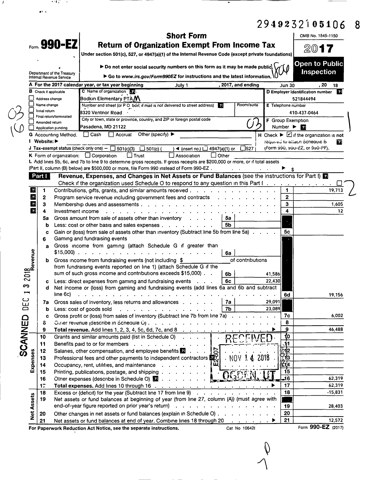 Image of first page of 2017 Form 990EZ for PTA Maryland Congress of Parent and Teachers / Bodkin Elementary PTA