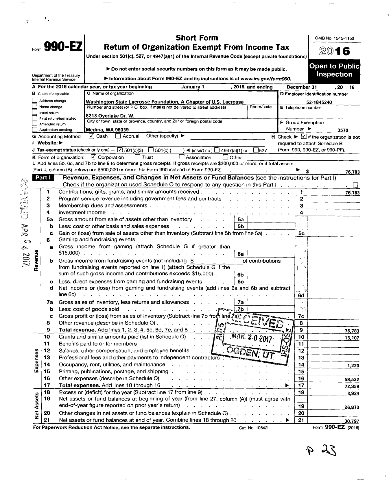 Image of first page of 2016 Form 990EZ for Us Lacrosse / Washington State Lacrosse Foundatio