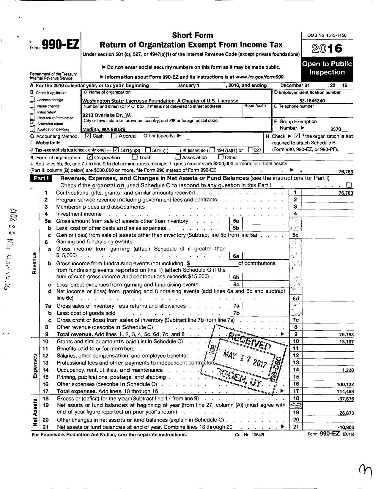 Image of first page of 2016 Form 990EZ for Us Lacrosse / Washington State Lacrosse Foundatio