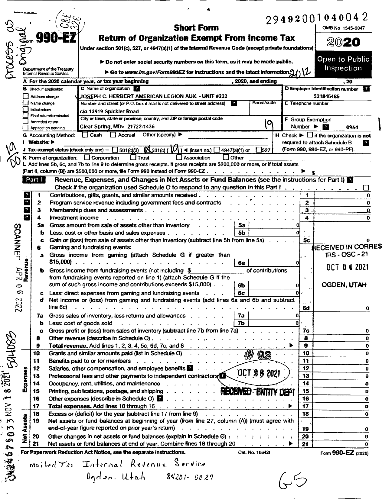 Image of first page of 2020 Form 990EO for AMERICAN LEGION AUXILIARY - 222 JOSEPH C HERBERT Inc Post