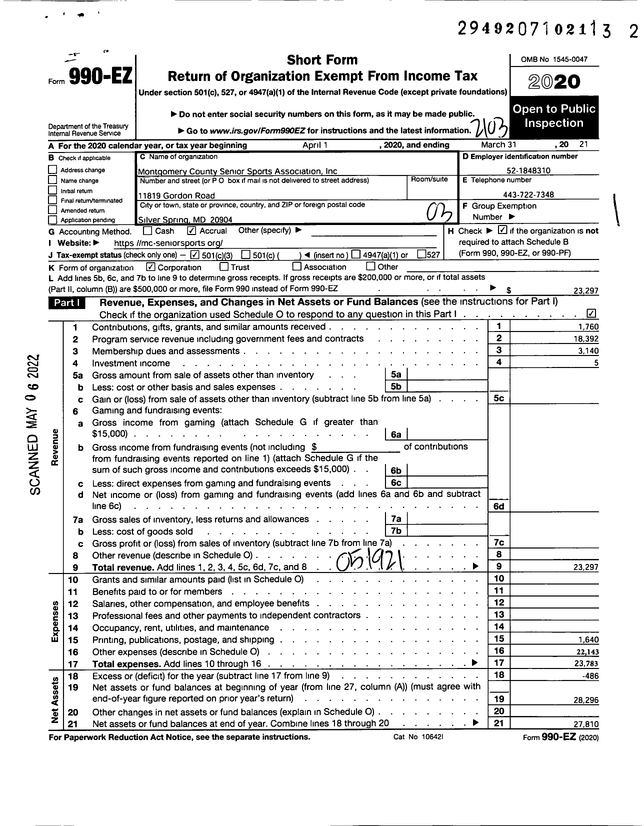 Image of first page of 2020 Form 990EZ for Montgomery County Senior Sports Association