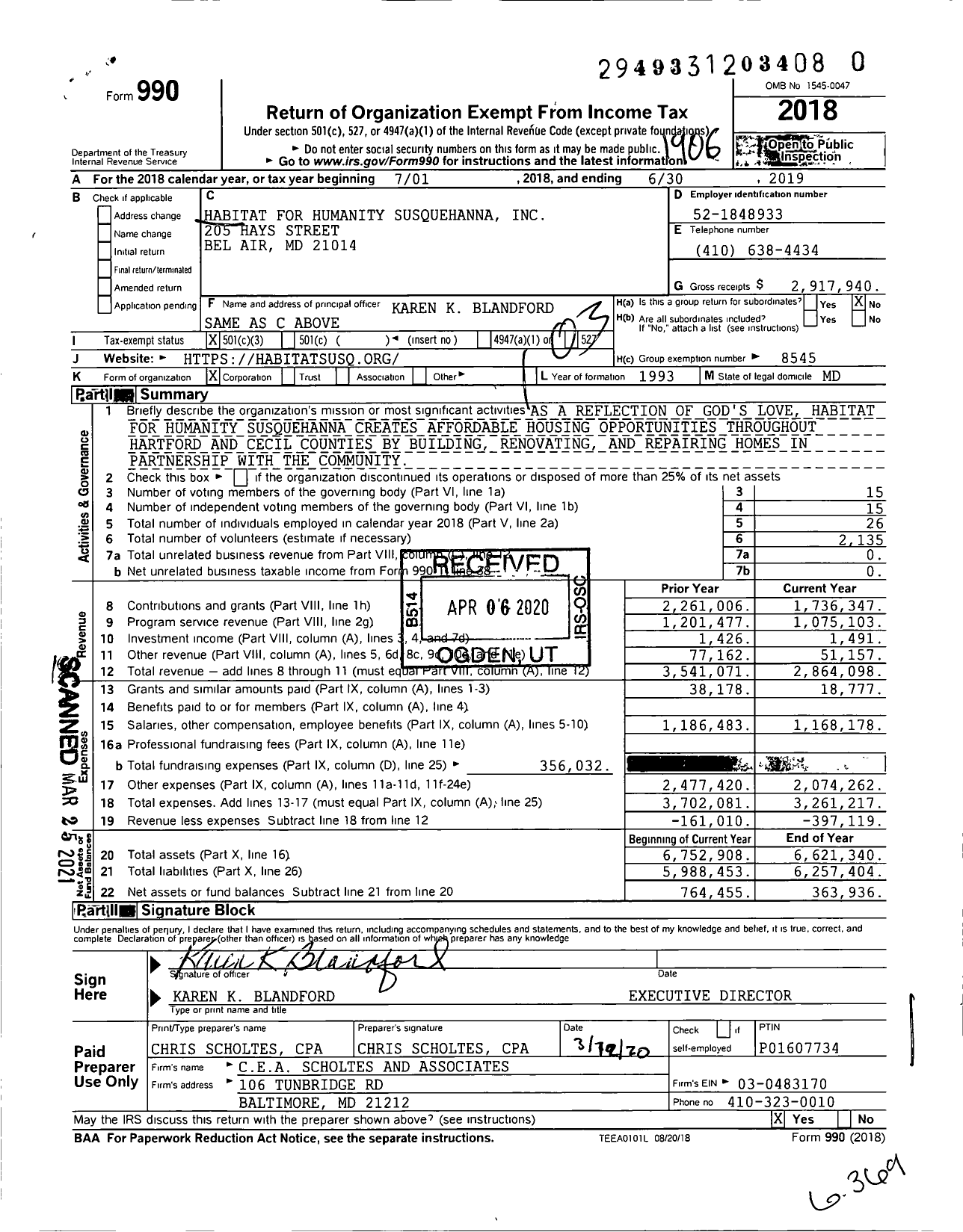 Image of first page of 2018 Form 990 for Habitat for Humanity - Habitat for Humanity Susquehanna