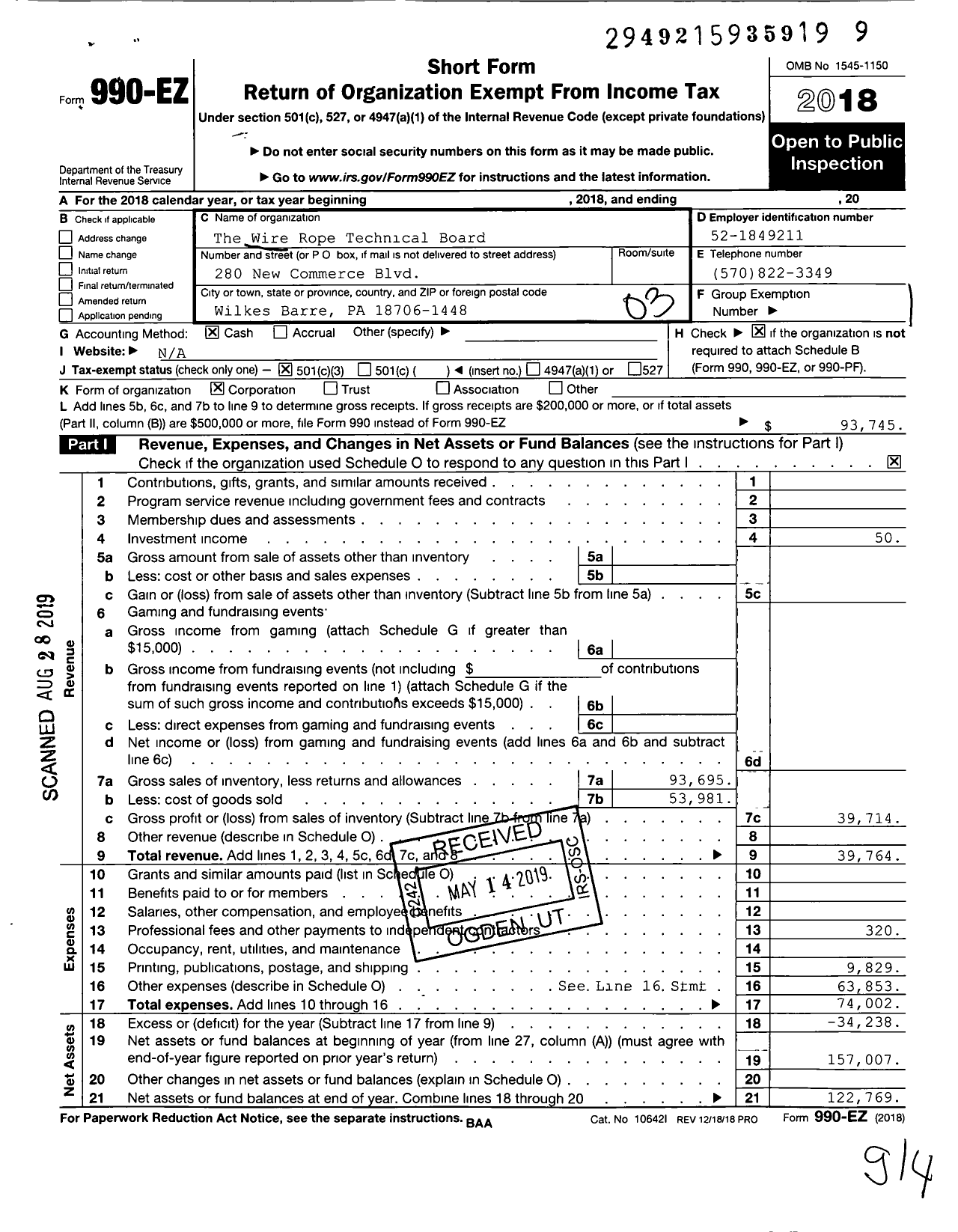 Image of first page of 2018 Form 990EZ for The Wire Rope Technical Board