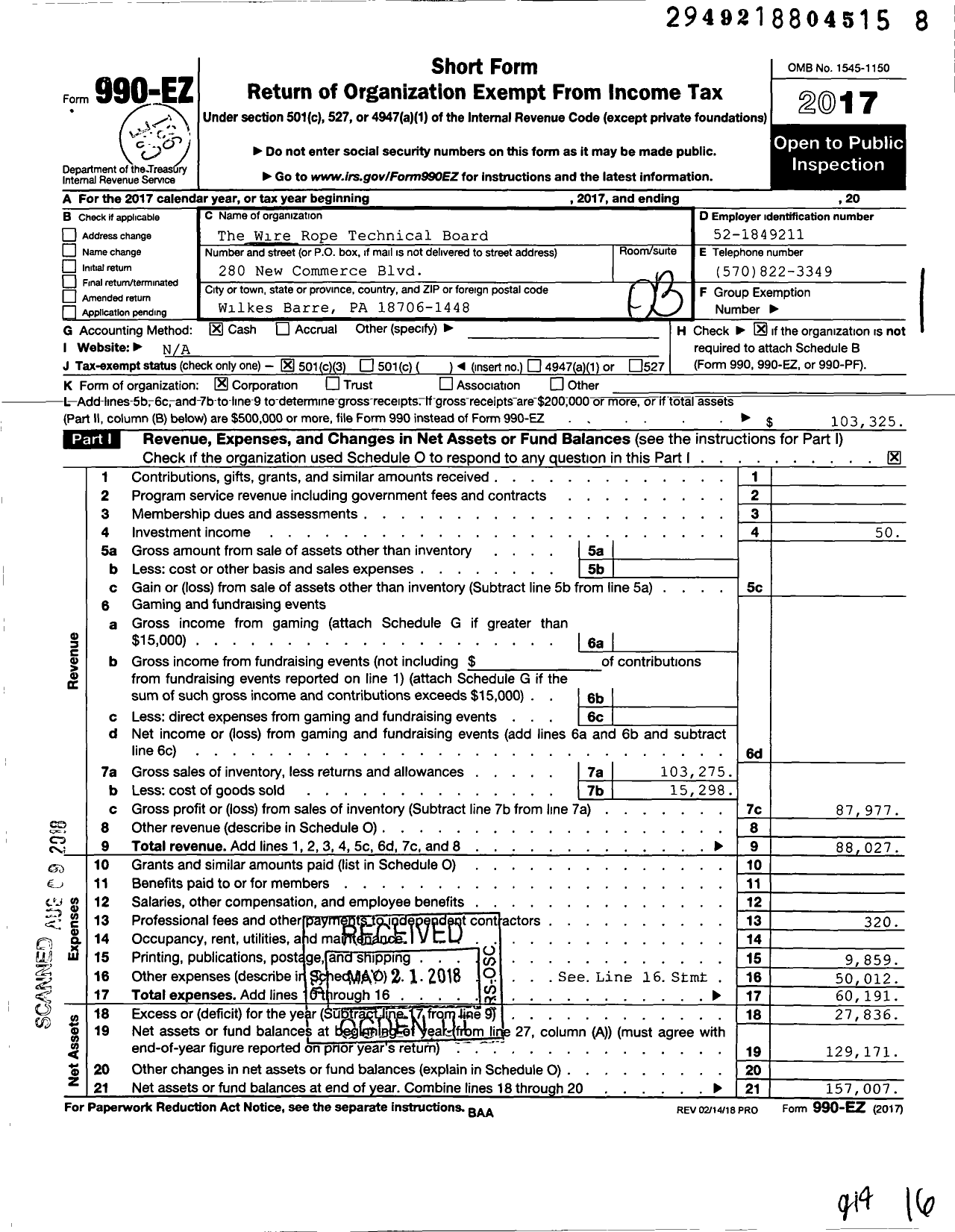 Image of first page of 2017 Form 990EZ for The Wire Rope Technical Board