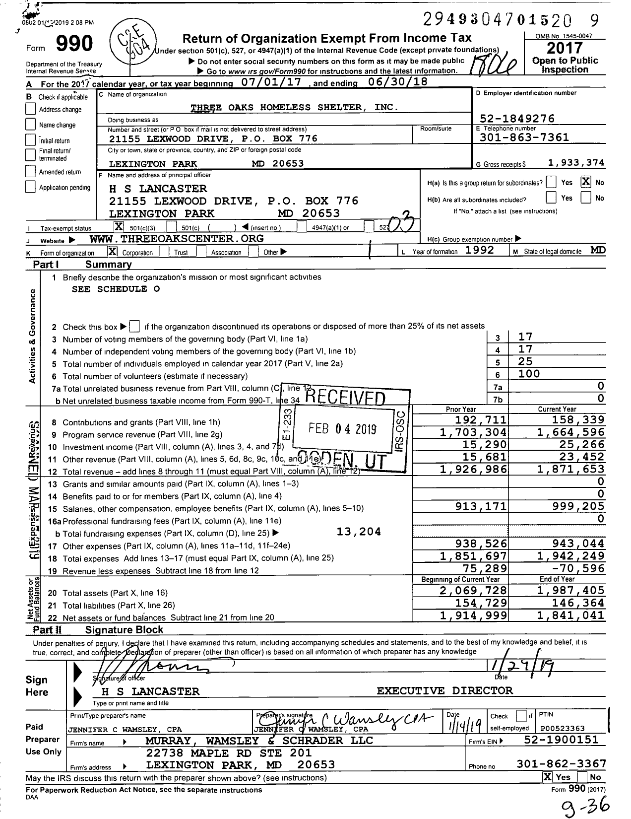 Image of first page of 2017 Form 990 for Three Oaks Homeless Shelter