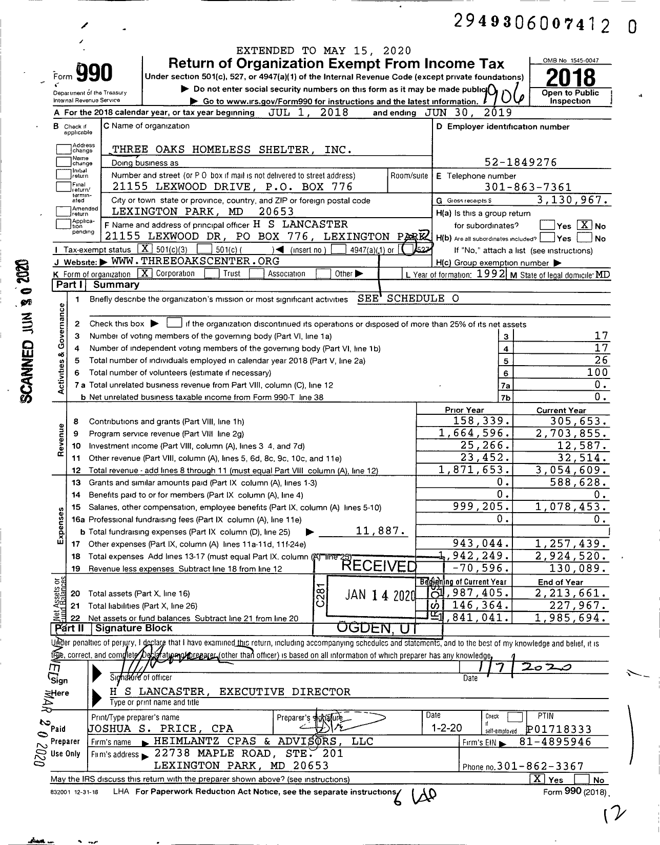 Image of first page of 2018 Form 990 for Three Oaks Homeless Shelter