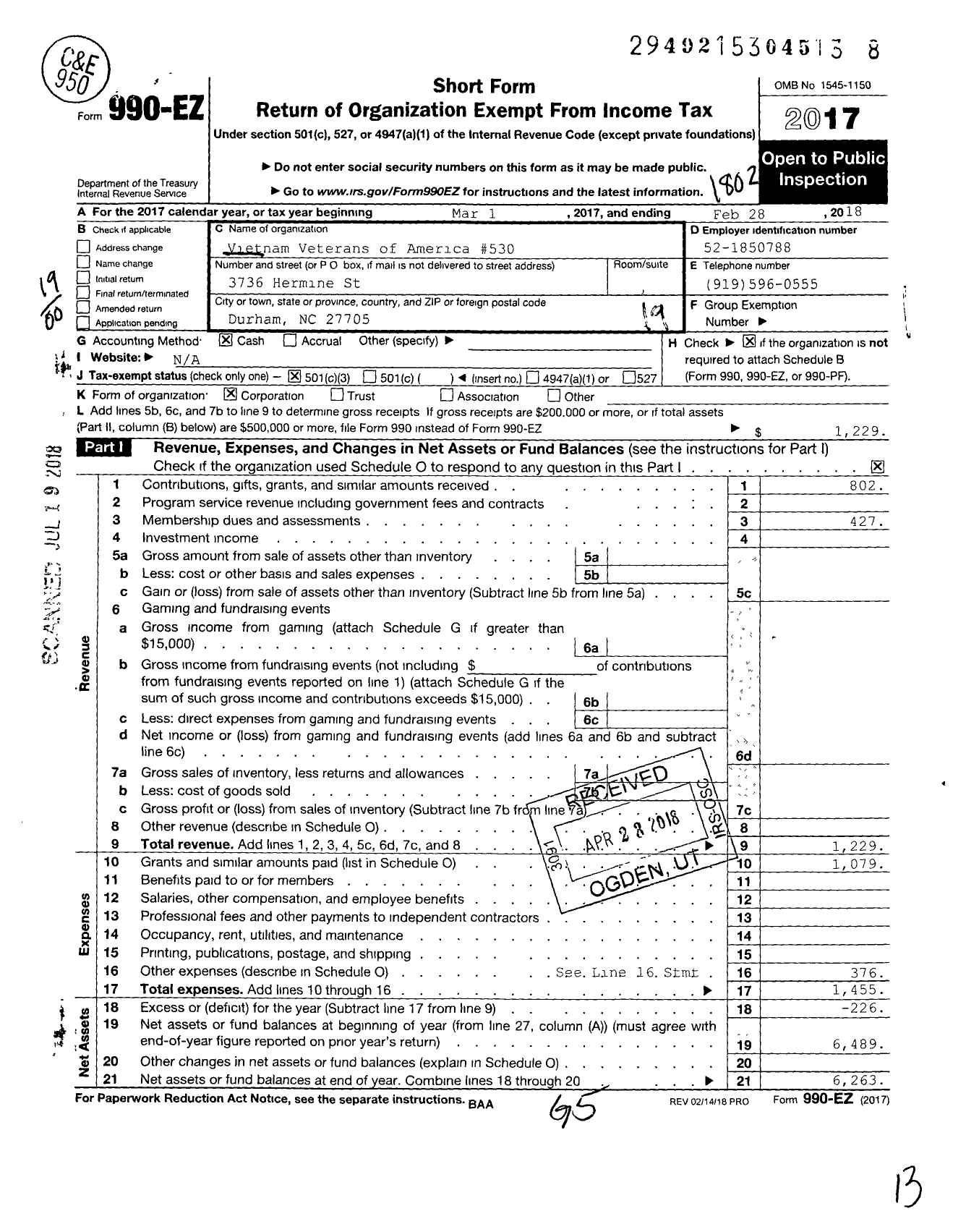 Image of first page of 2017 Form 990EO for Vietnam Veterans of America - 530 Durham Chapter