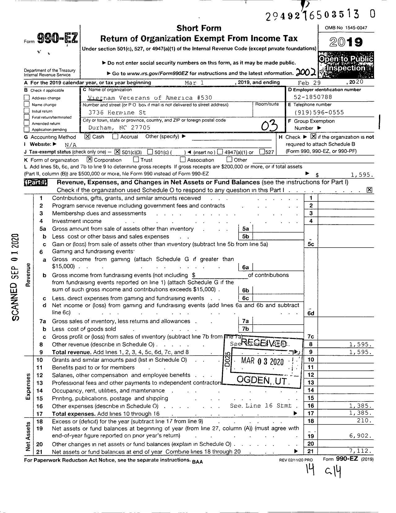 Image of first page of 2019 Form 990EZ for Vietnam Veterans of America - 530 Durham Chapter