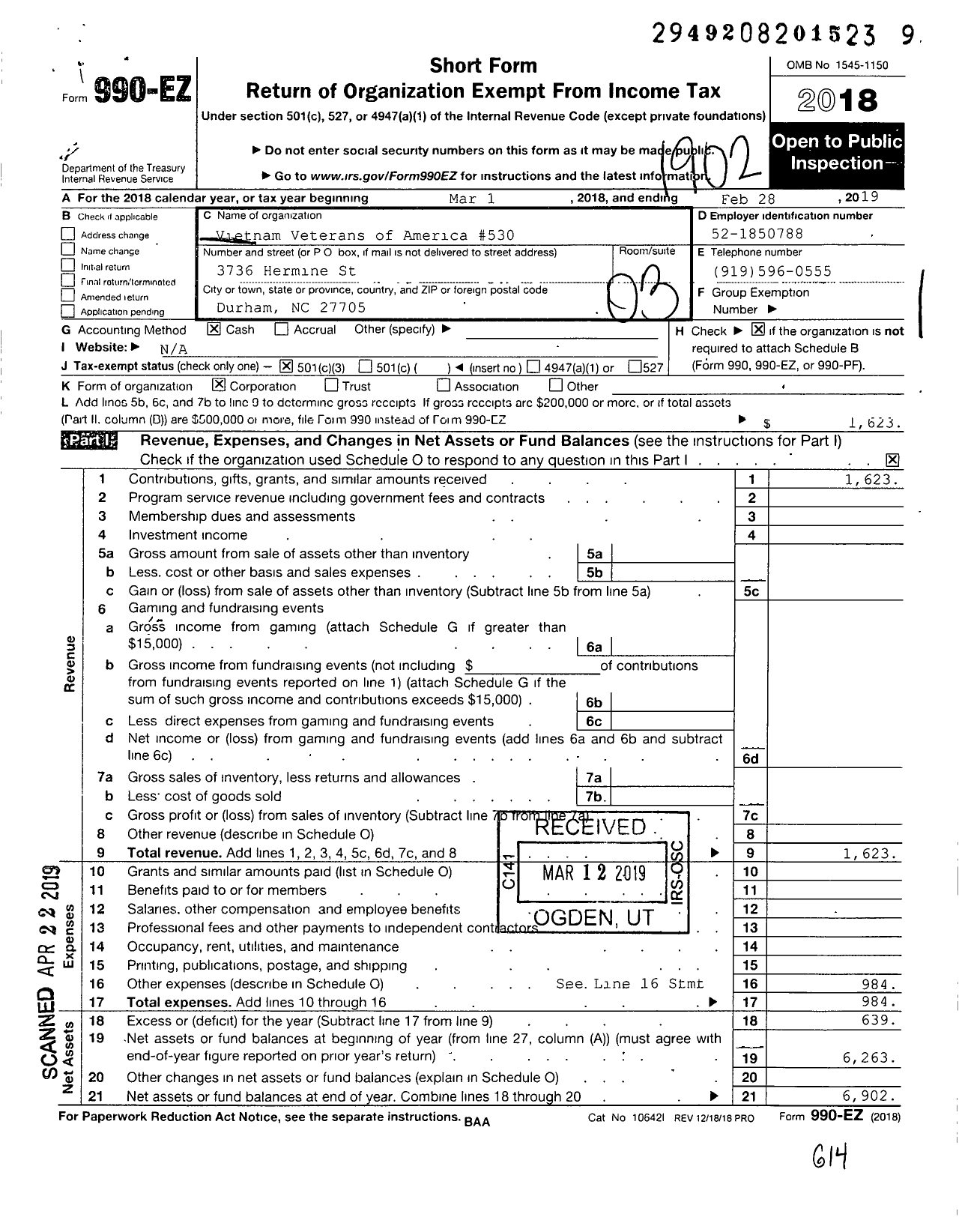 Image of first page of 2018 Form 990EZ for Vietnam Veterans of America - 530 Durham Chapter