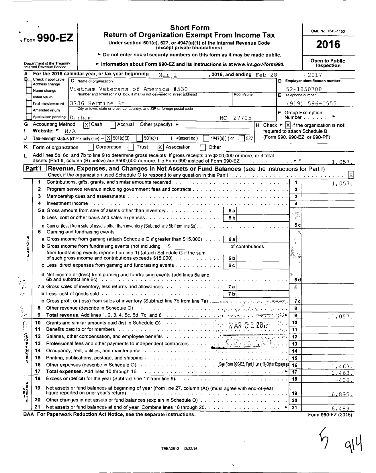 Image of first page of 2016 Form 990EZ for Vietnam Veterans of America - 530 Durham Chapter