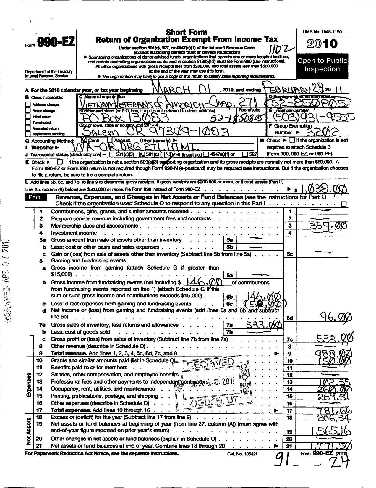 Image of first page of 2010 Form 990EO for Vietnam Veterans of America - 271 Salem Vva Chapter