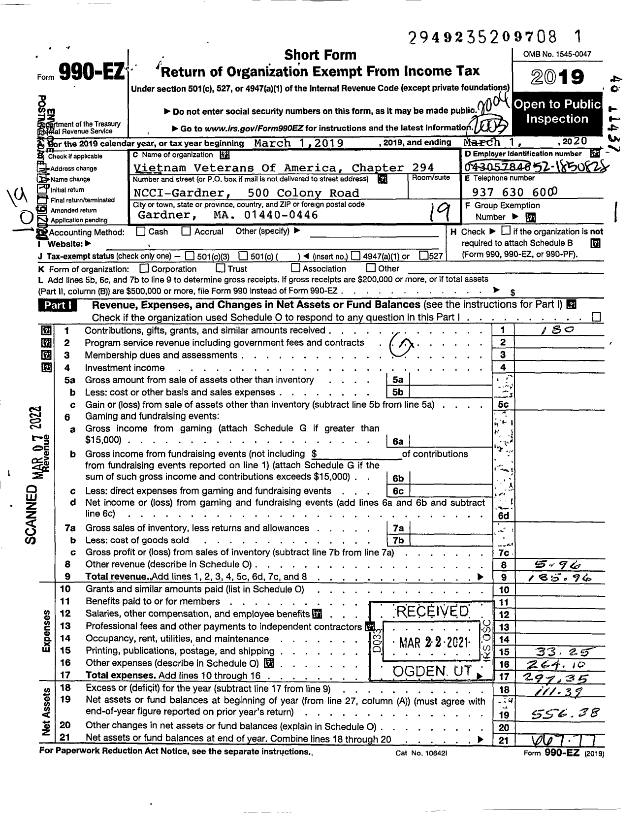 Image of first page of 2019 Form 990EO for Vietnam Veterans of America - 294 Chapter