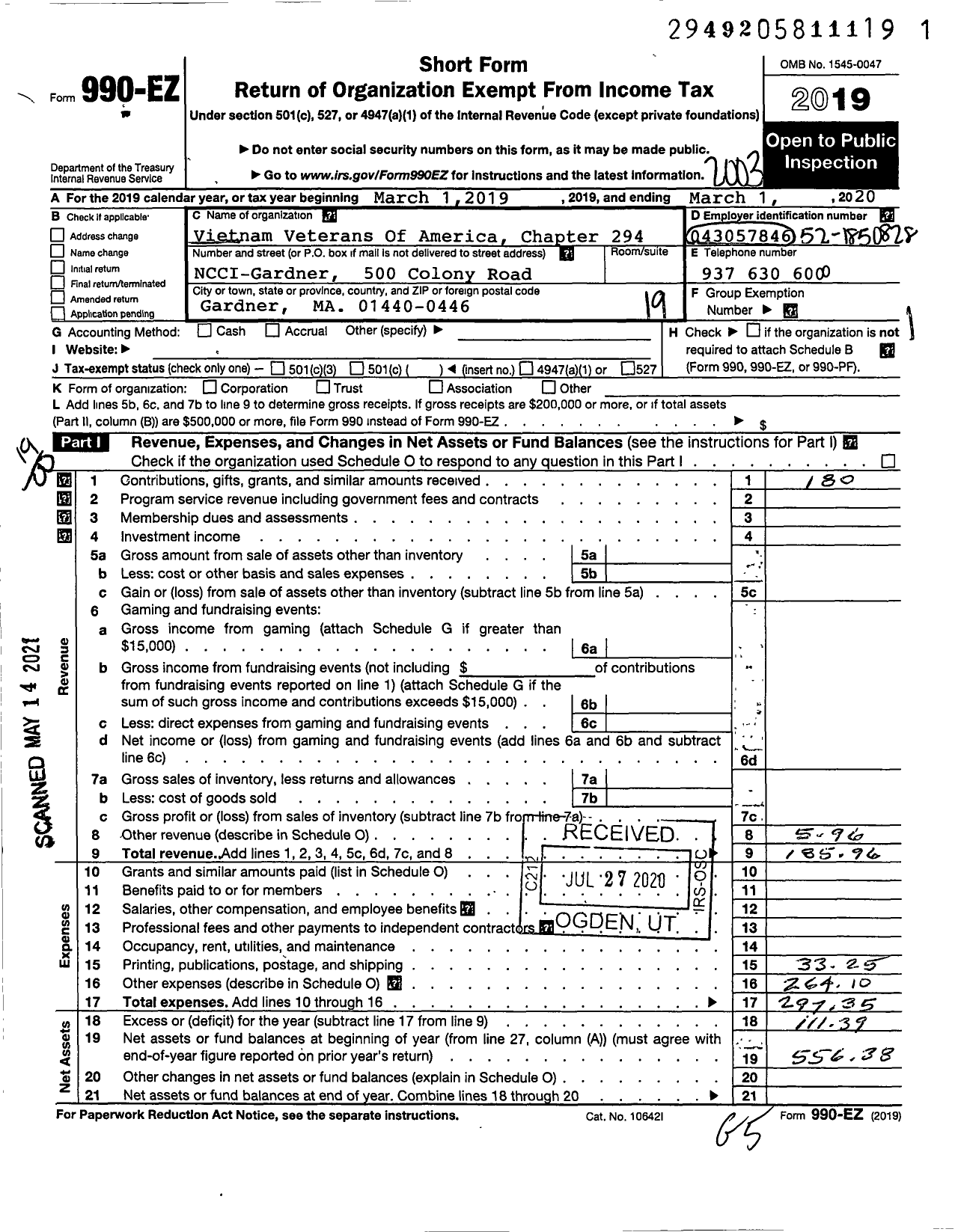 Image of first page of 2019 Form 990EO for Vietnam Veterans of America - 294 Chapter