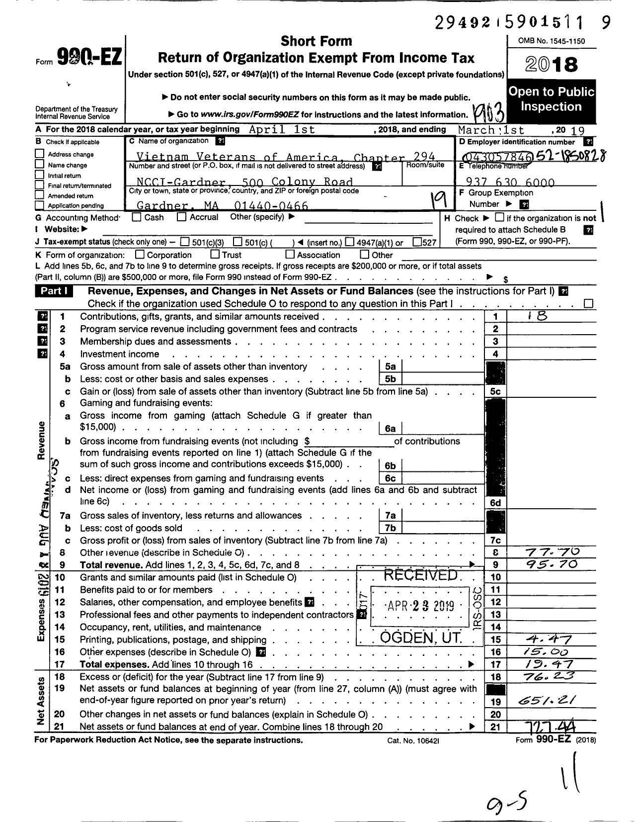 Image of first page of 2018 Form 990EO for Vietnam Veterans of America - 294 Chapter