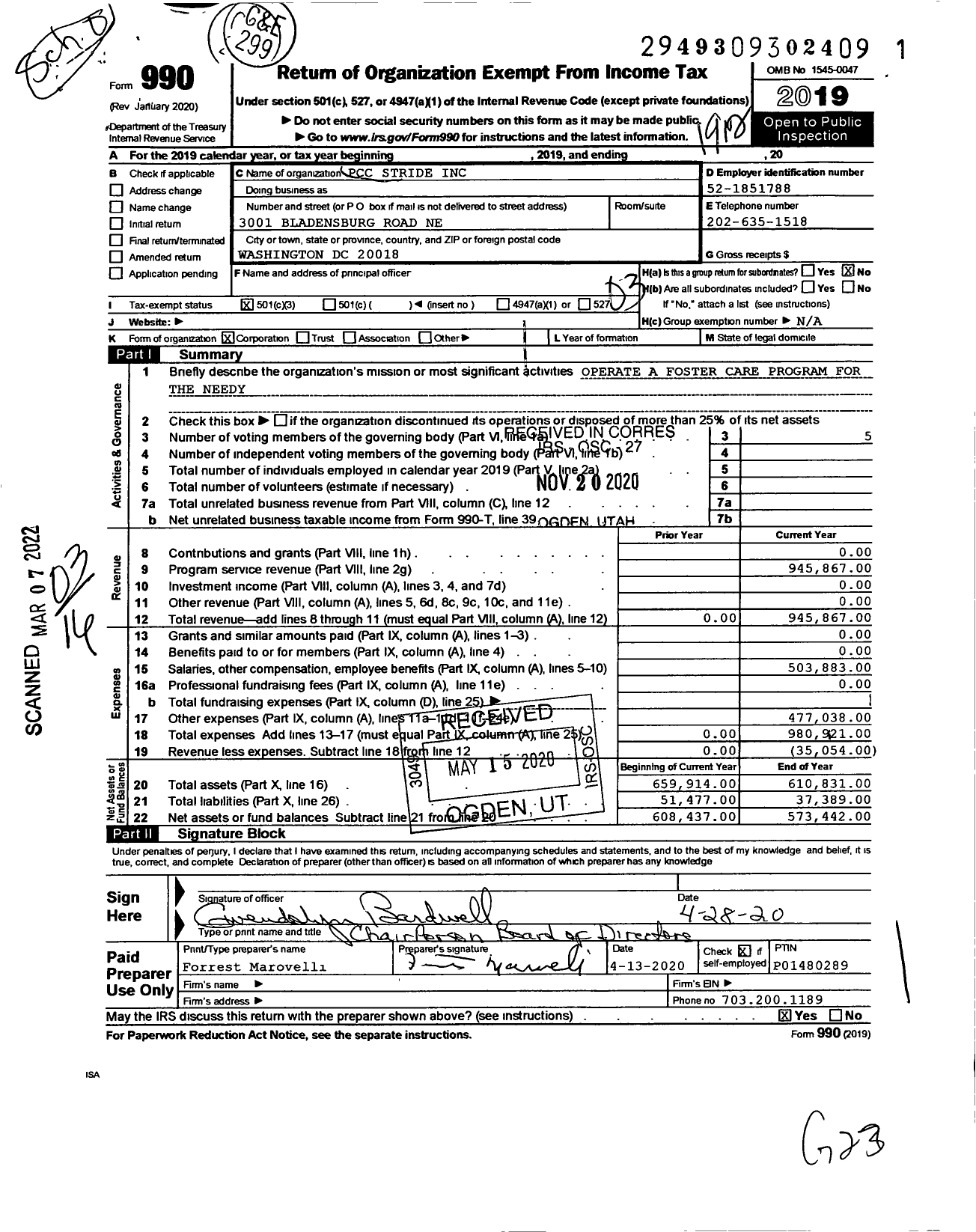 Image of first page of 2019 Form 990 for PCC Stride