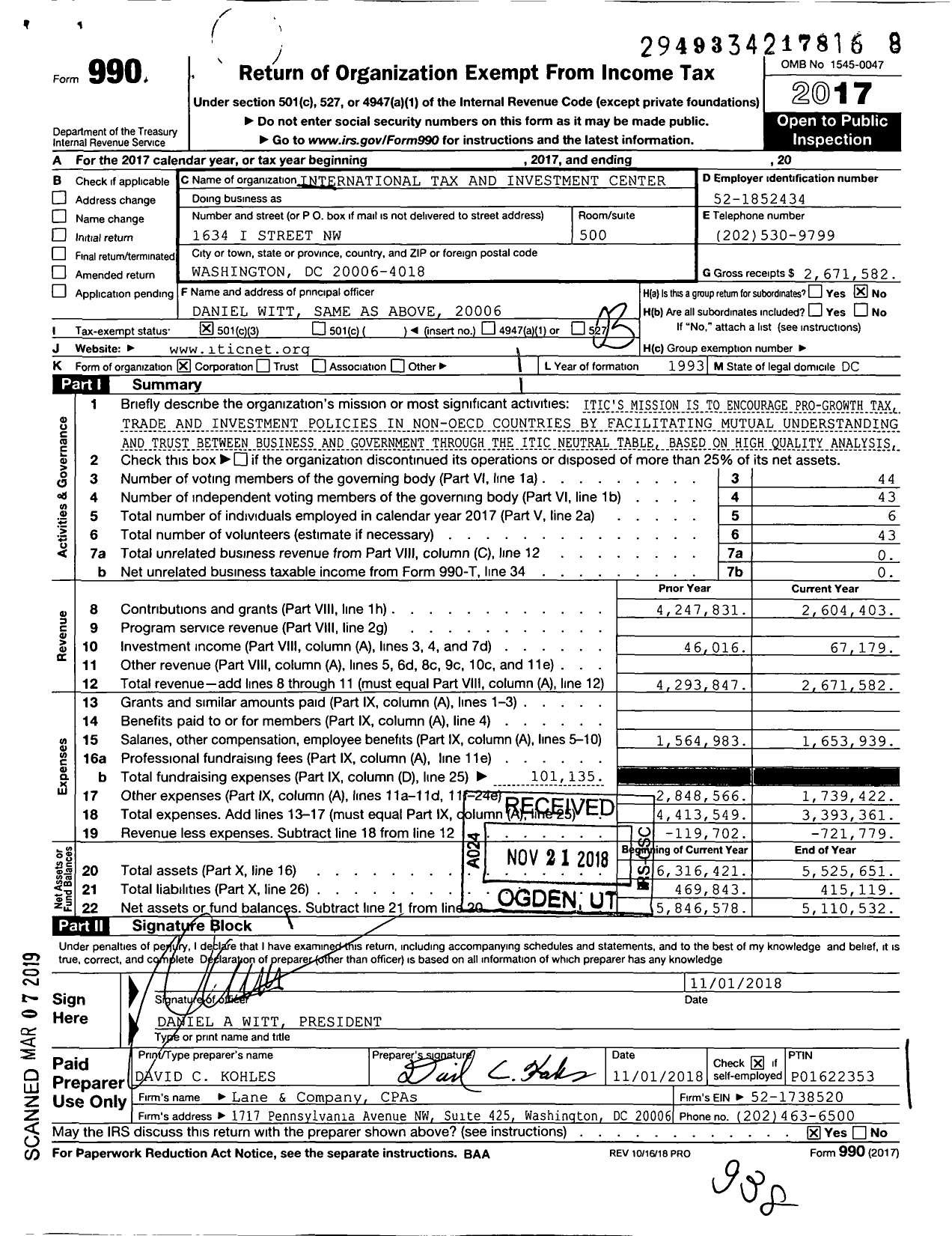 Image of first page of 2017 Form 990 for International Tax and Investment Center
