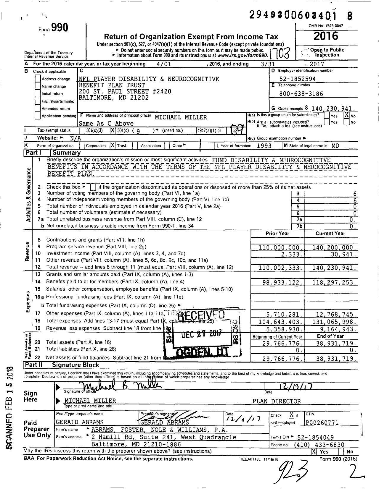 Image of first page of 2016 Form 990O for NFL Player Disability and Survivor Benefit Plan