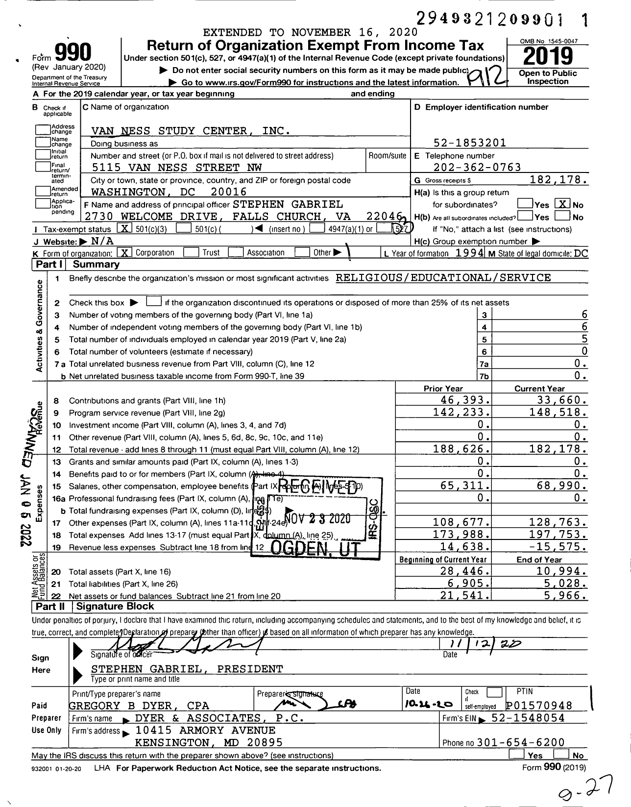 Image of first page of 2019 Form 990 for Van Ness Study Center