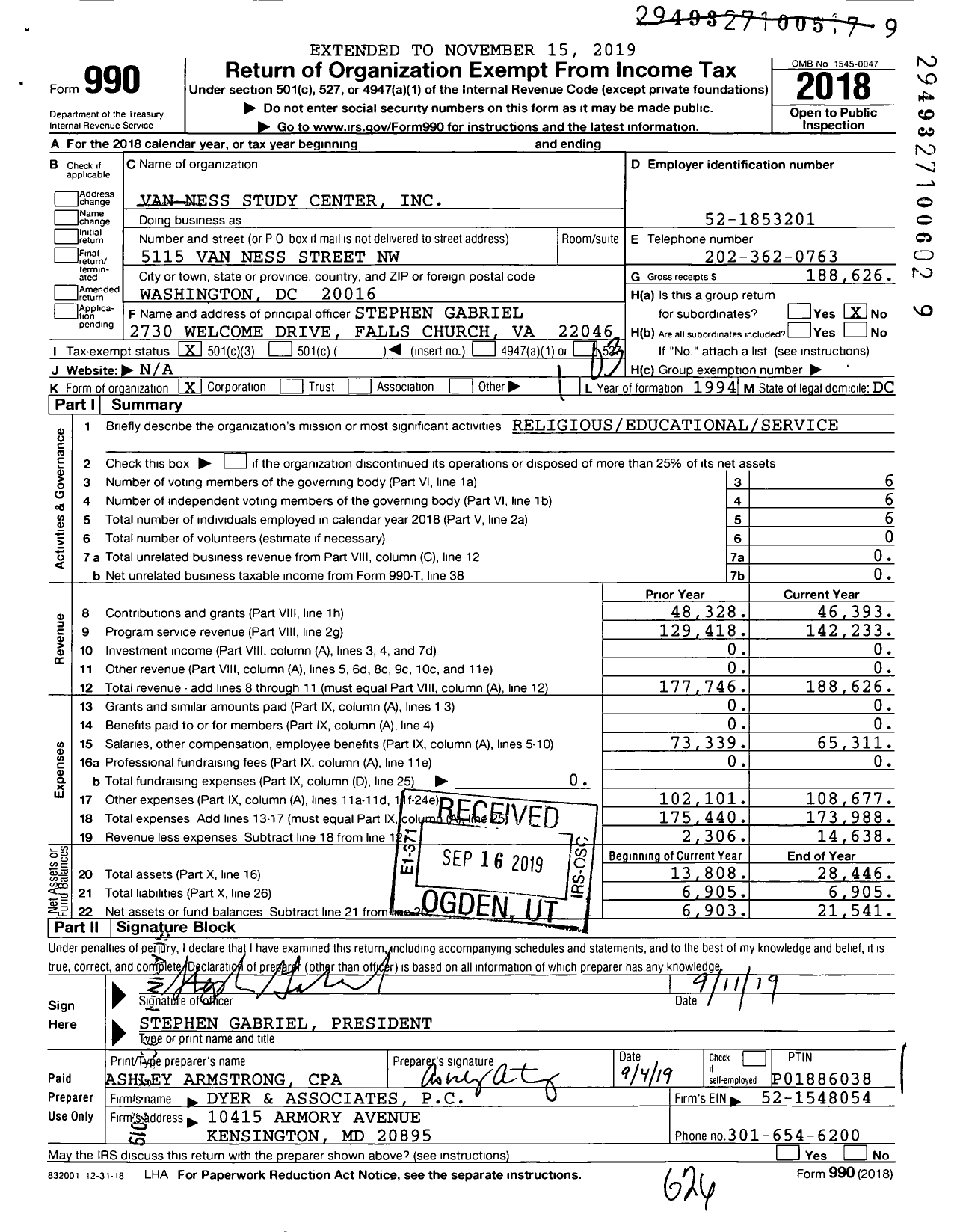 Image of first page of 2018 Form 990 for Van Ness Study Center