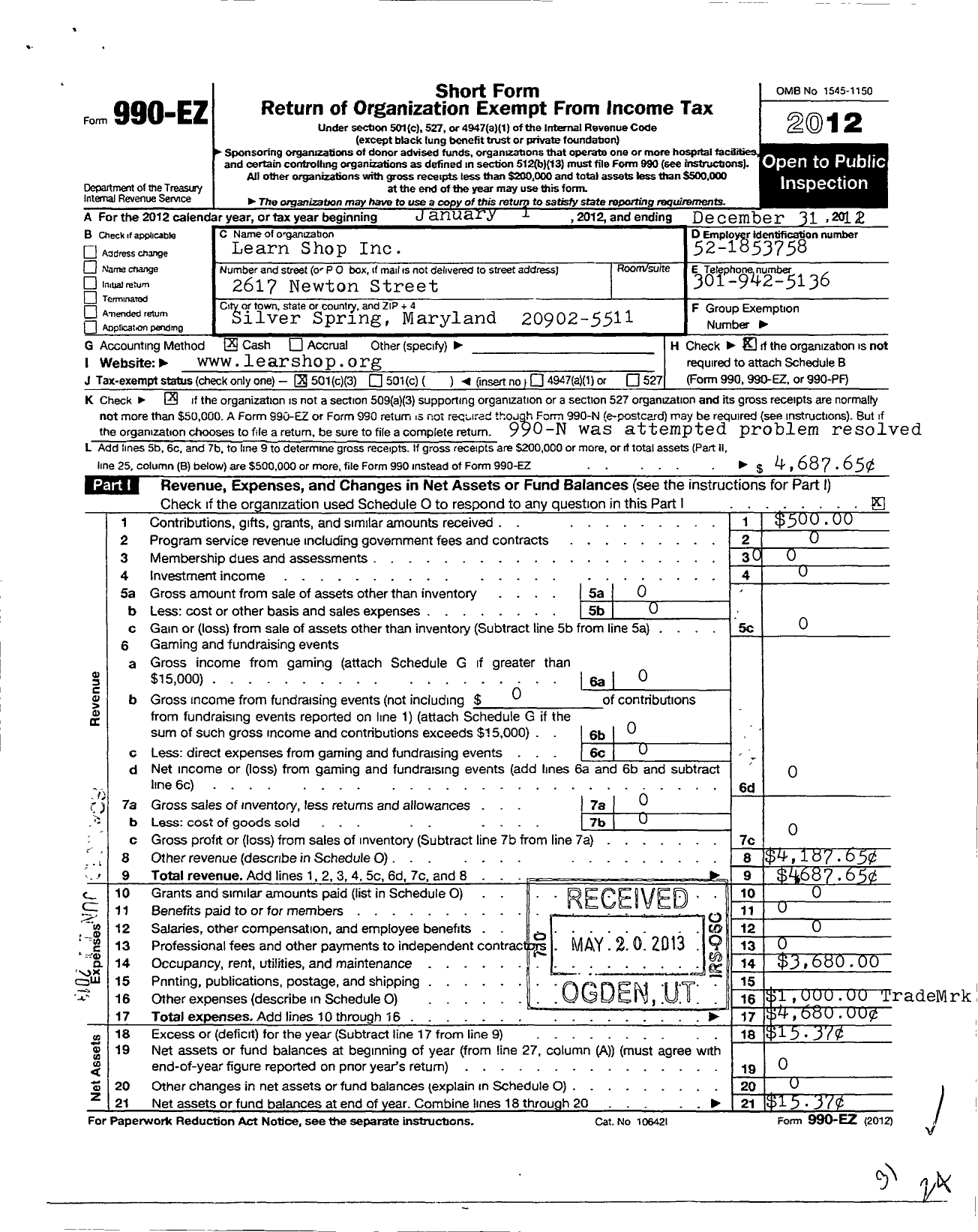 Image of first page of 2012 Form 990EZ for Learnshop