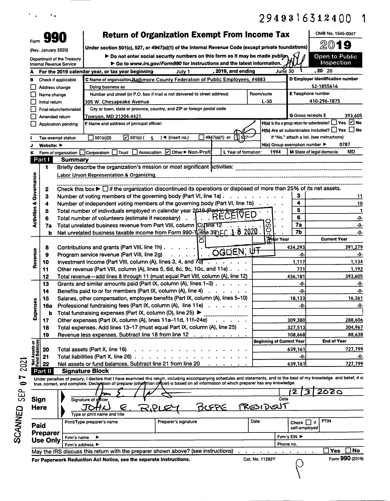 Image of first page of 2019 Form 990O for AMERICAN Federation OF TEACHERS - Baltimore County Federation OF Public Employees Local 4883