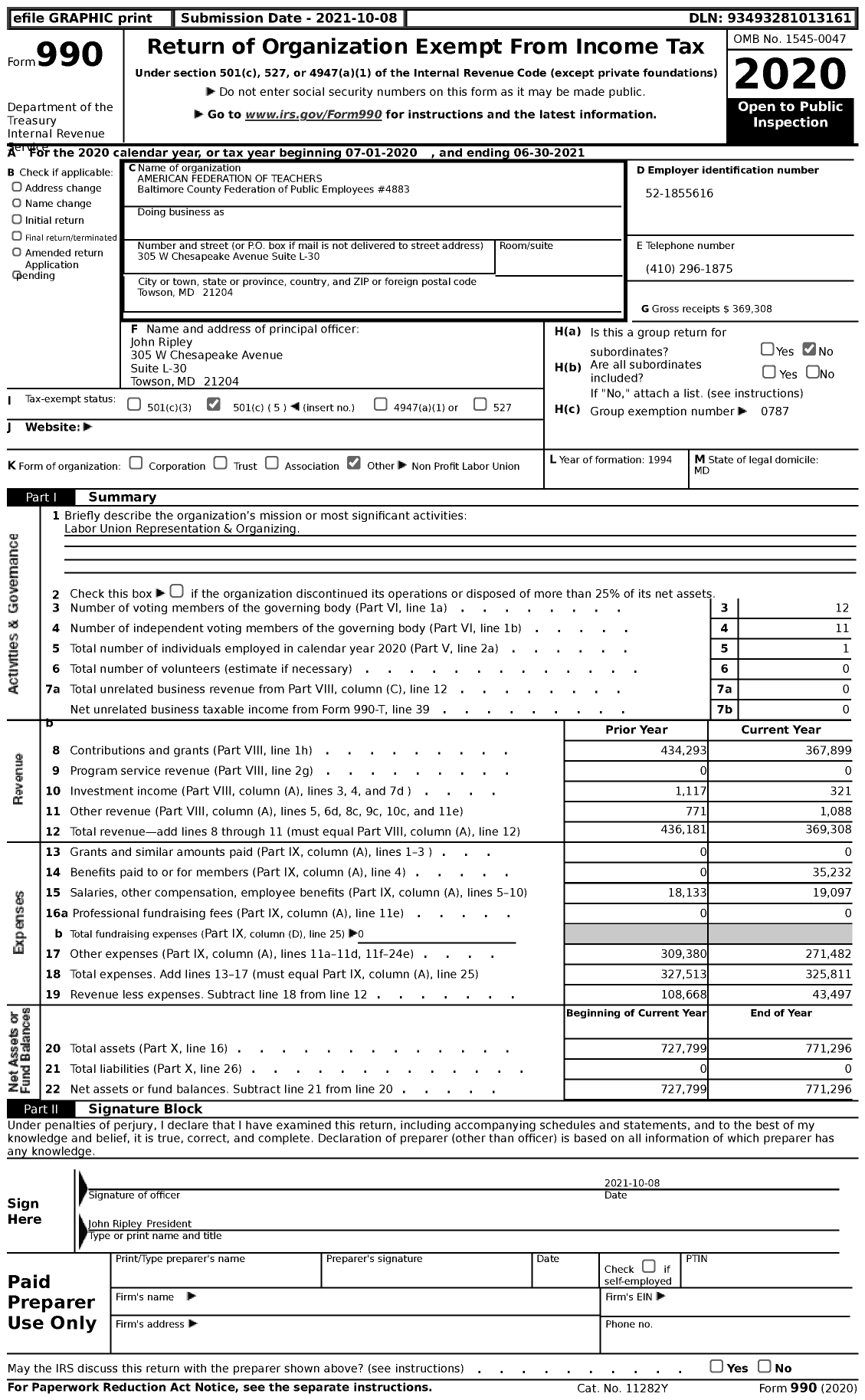 Image of first page of 2020 Form 990 for AMERICAN FEDERATION of TEACHERS - Baltimore County FEDERATION of Public Employees Local 4883