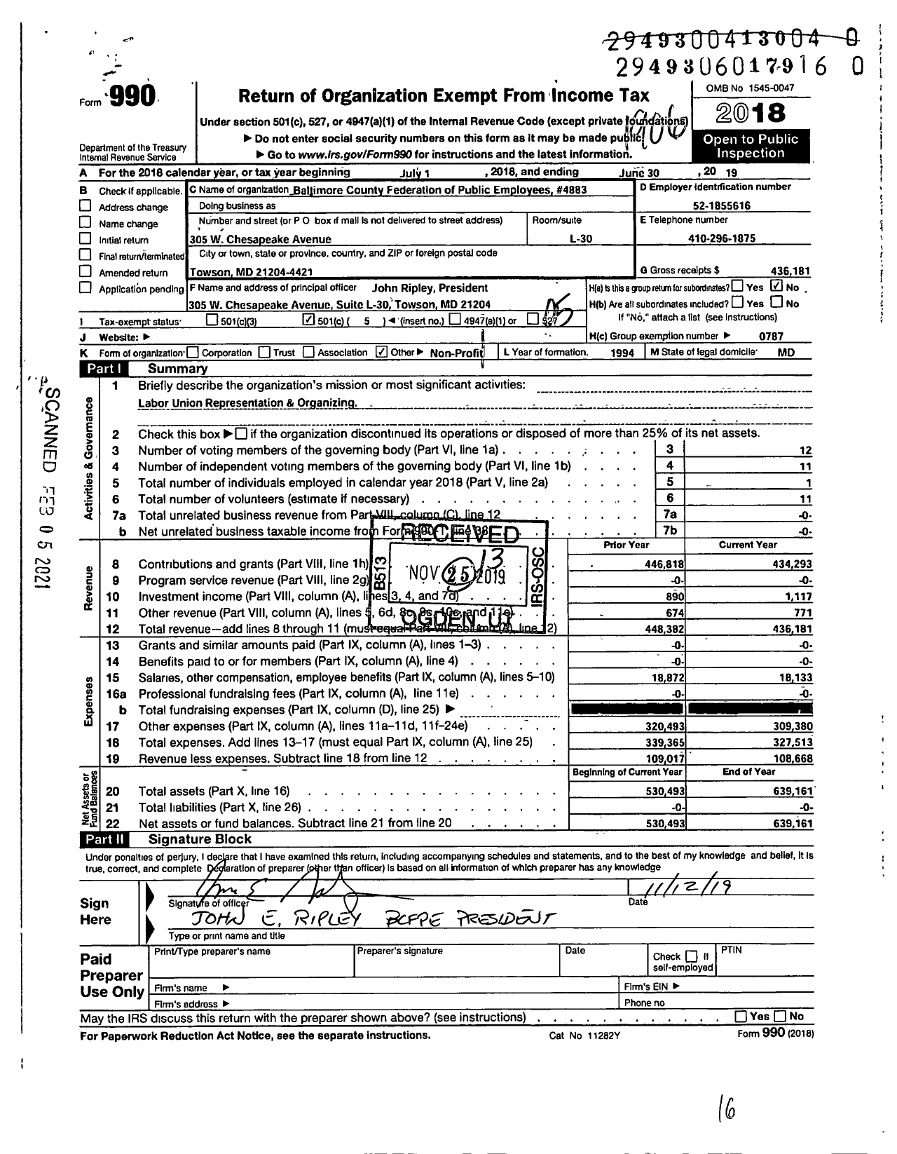 Image of first page of 2018 Form 990O for AMERICAN FEDERATION of TEACHERS - Baltimore County FEDERATION of Public Employees Local 4883