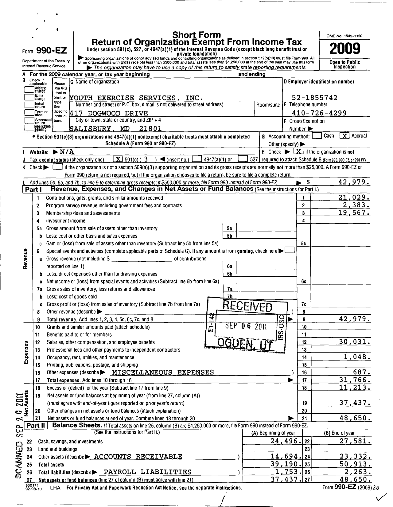 Image of first page of 2009 Form 990EZ for Youth Exercise Services