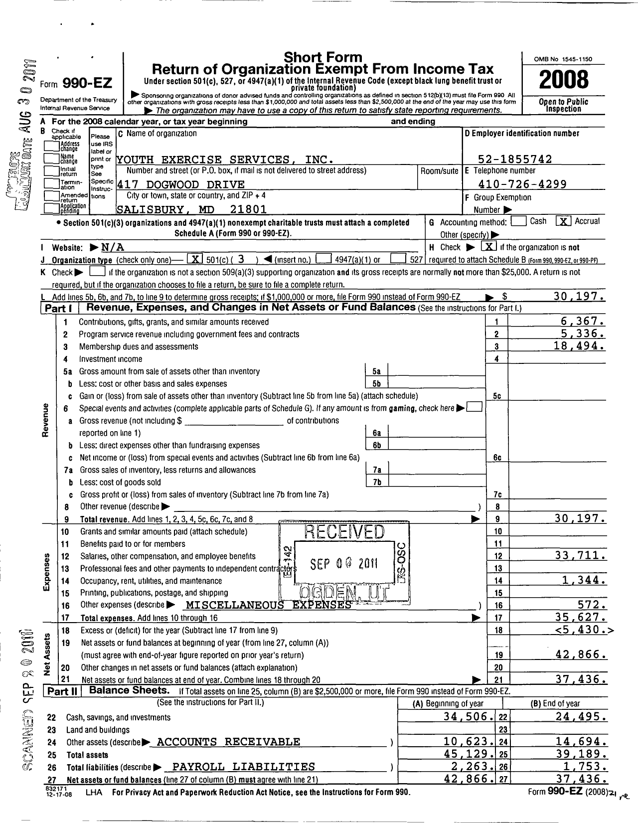 Image of first page of 2008 Form 990EZ for Youth Exercise Services