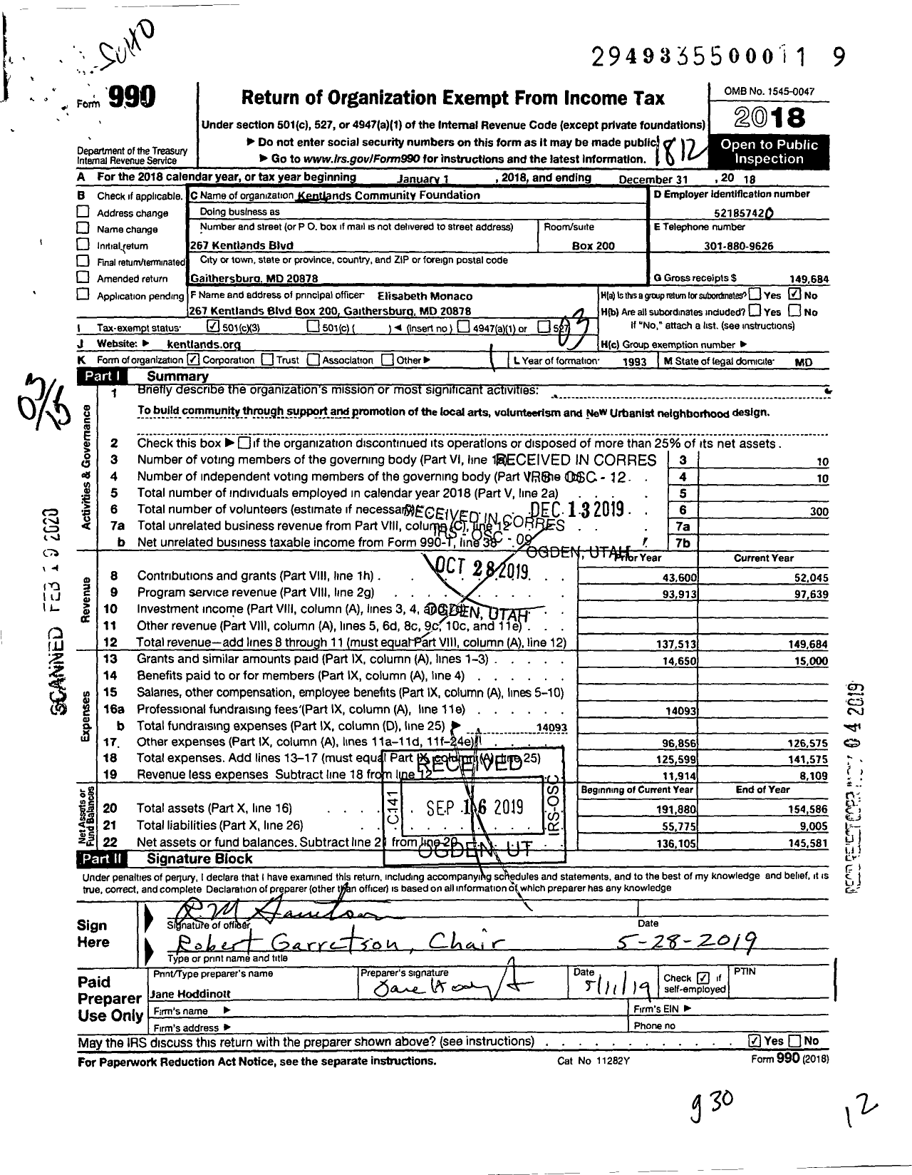 Image of first page of 2018 Form 990 for Kentlands Community Foundation