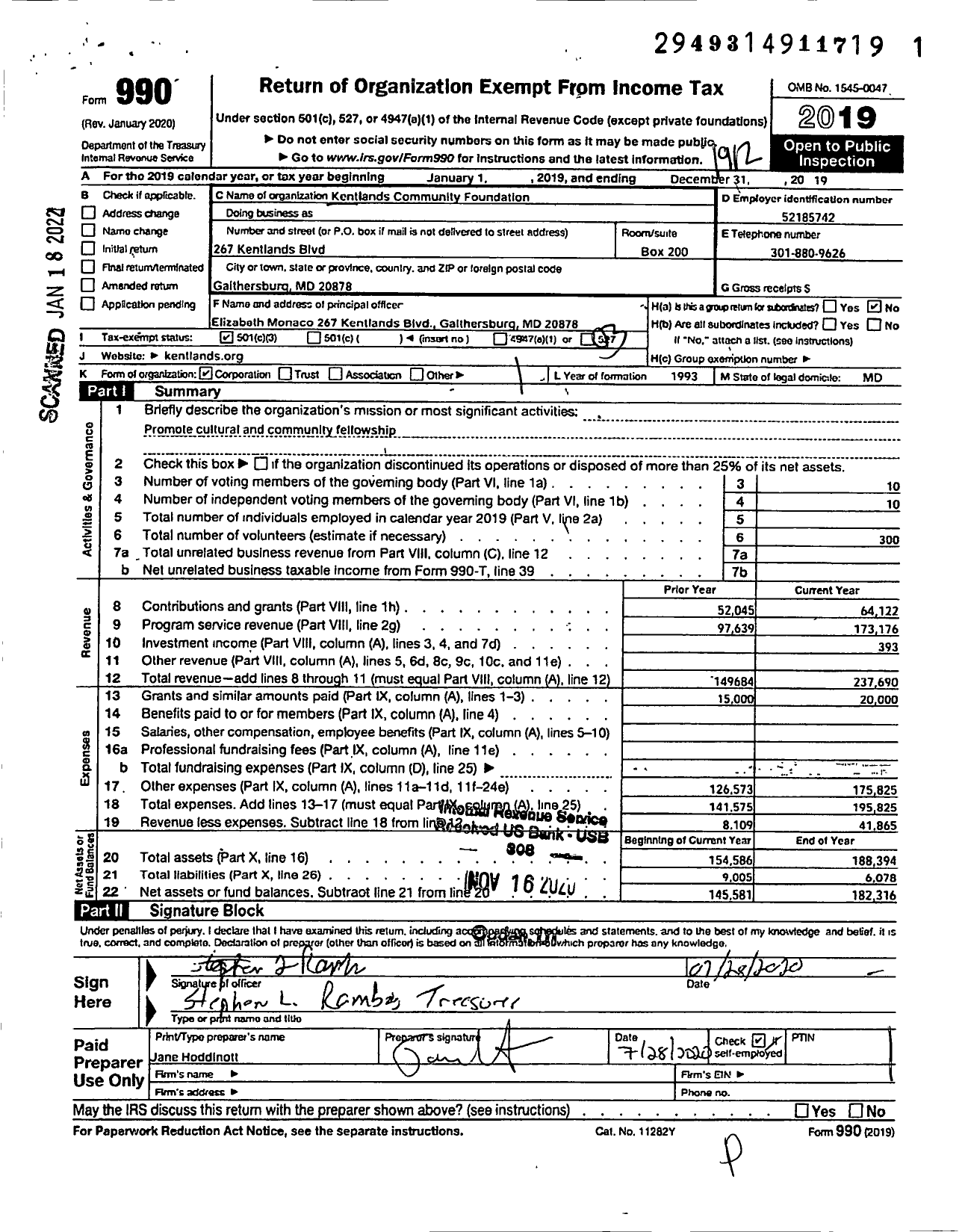 Image of first page of 2019 Form 990 for Kentlands Community Foundation
