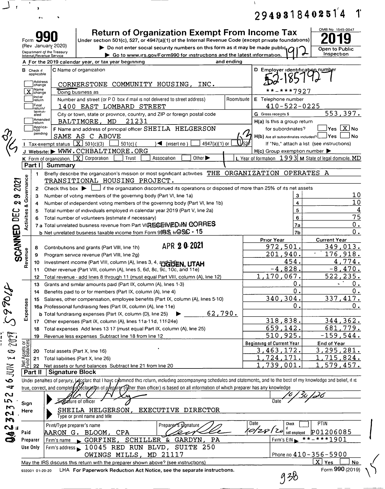 Image of first page of 2019 Form 990 for Cornerstone Community Housing / Earl's Place