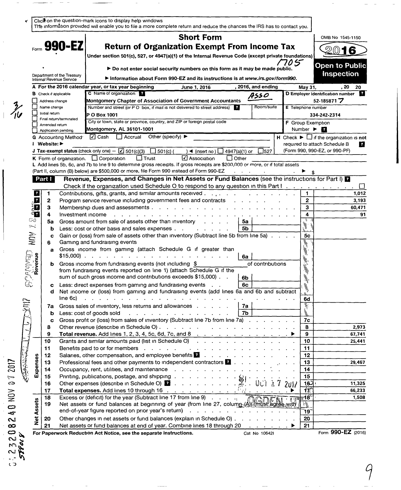 Image of first page of 2016 Form 990EZ for Montgomery Chapter of Association of Government Accountants