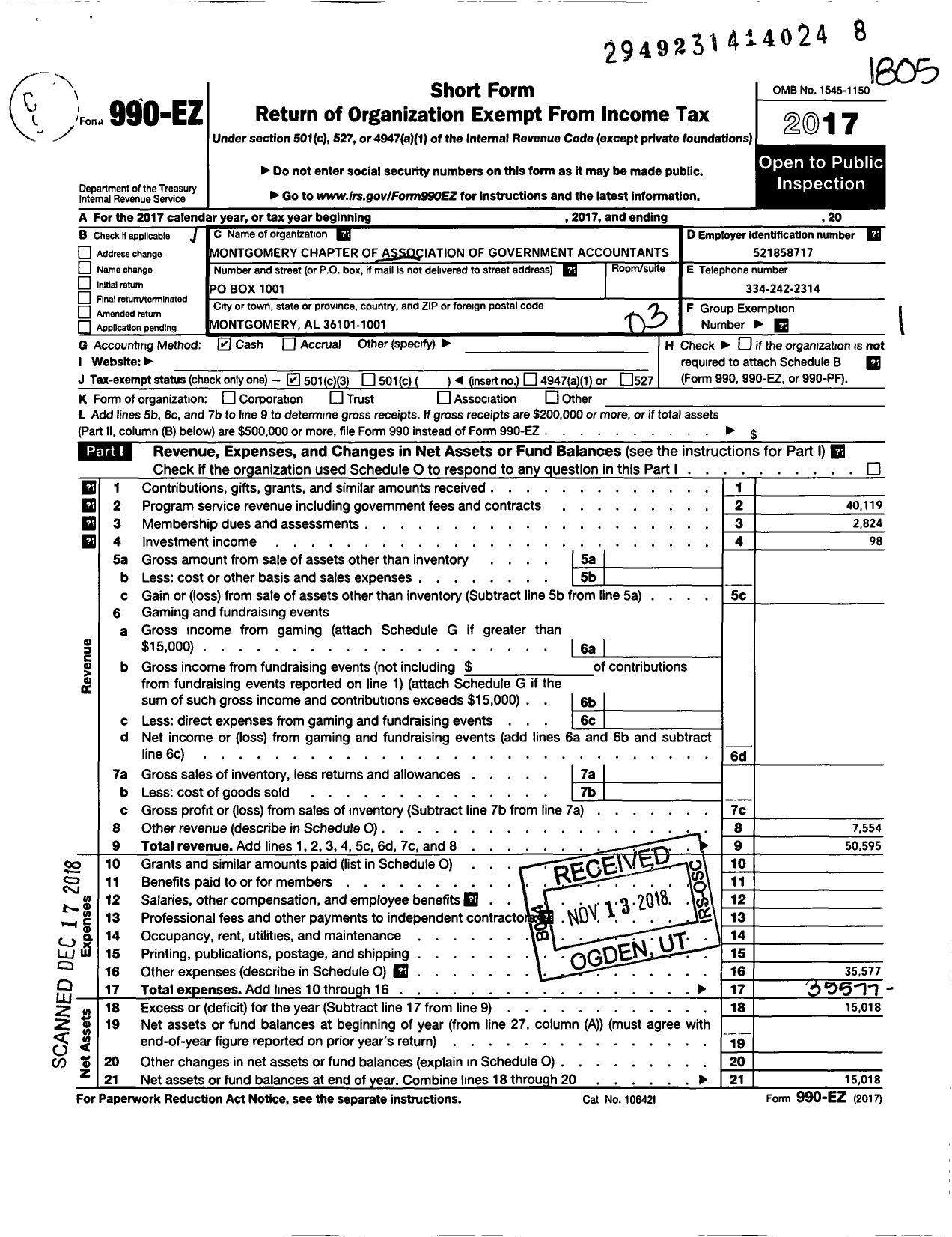 Image of first page of 2017 Form 990EZ for Montgomery Chapter of Association of Government Accountants